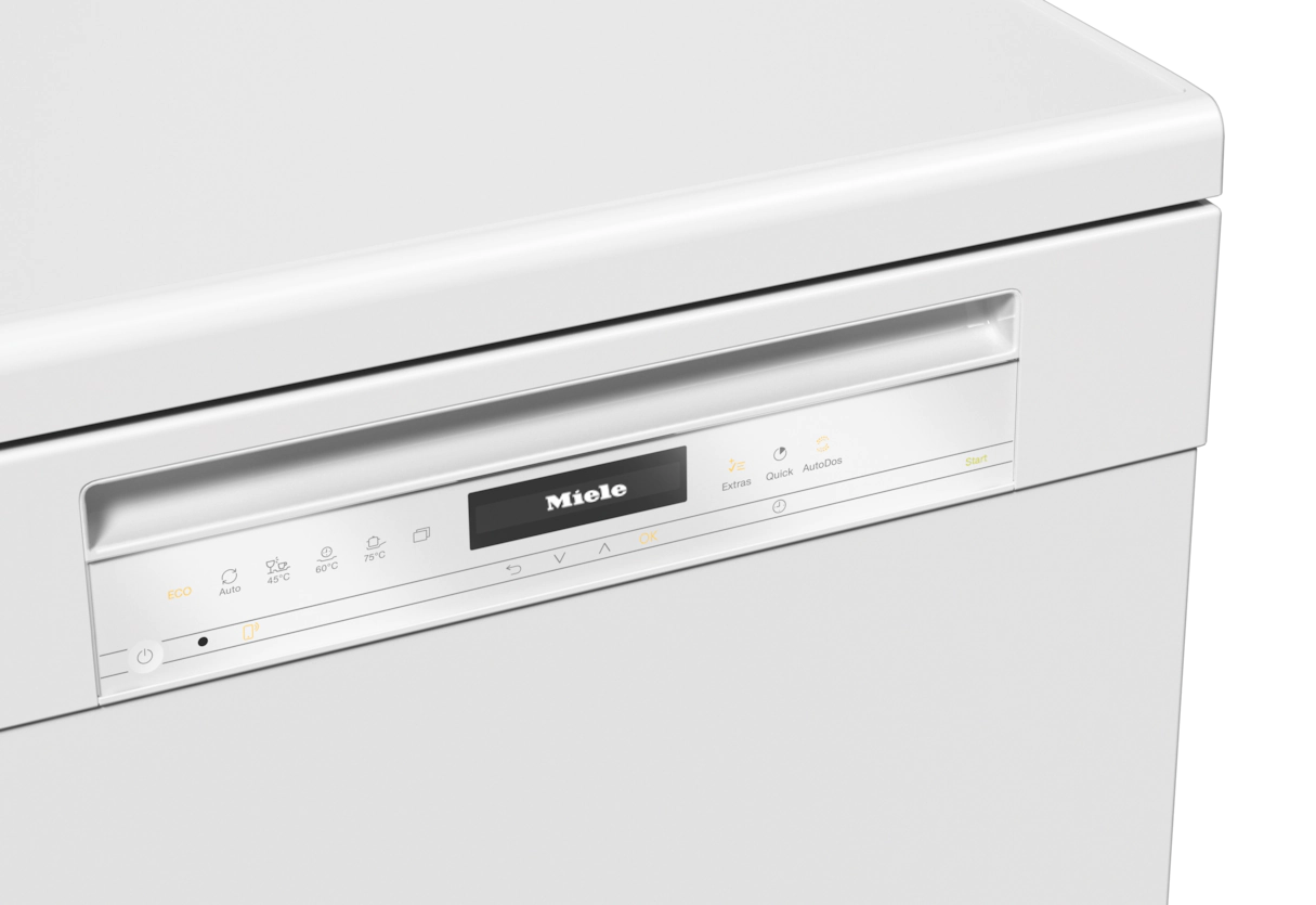 Panel de control blanco del lavavajillas Miele, que muestra botones y texto. Logotipo de Miele en el medio.