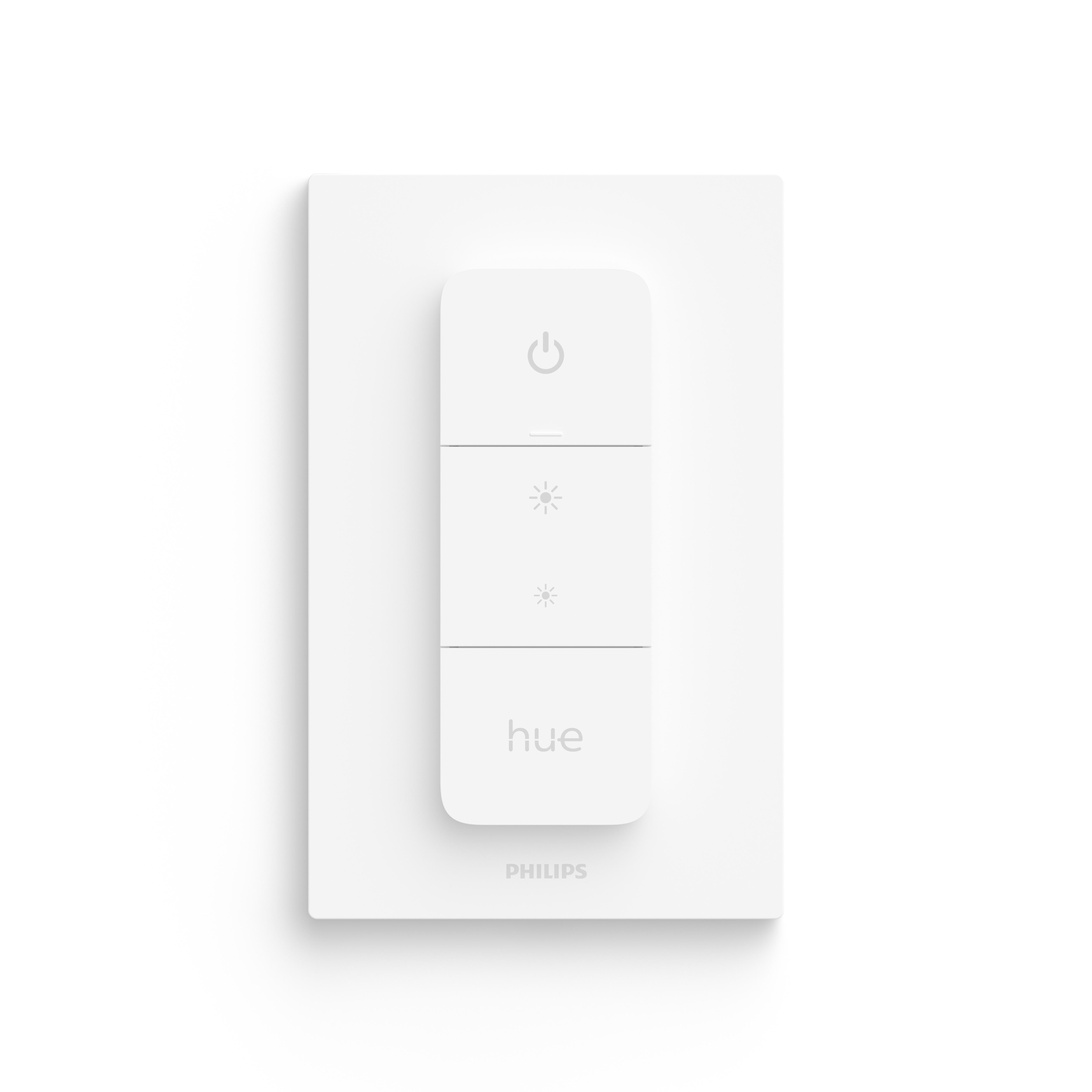 Weißer Philips Hue Smart-Schalter. Er hat drei Tasten und das Philips Hue Logo auf einer weißen Oberfläche.