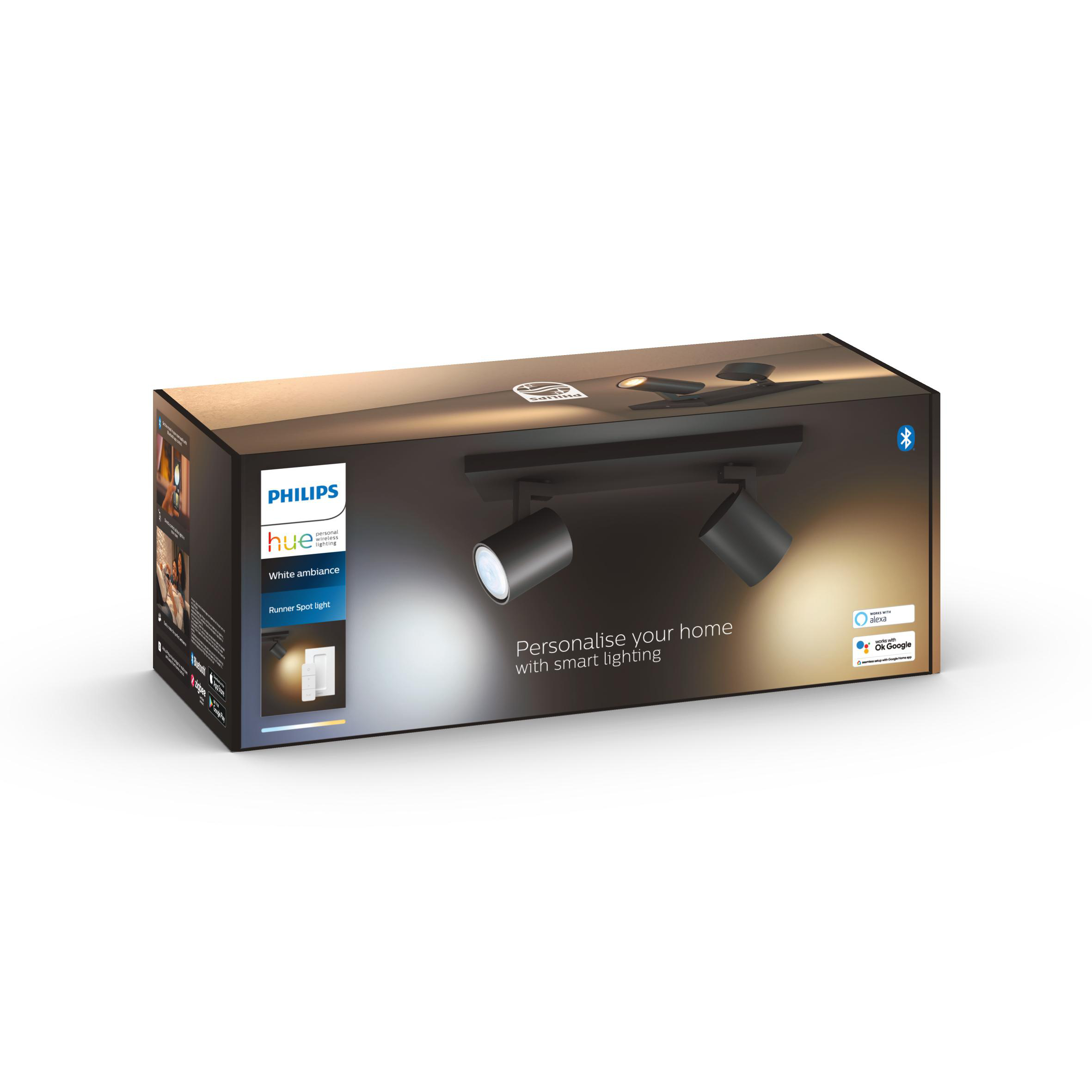 Schachtel mit Philips Hue-Leuchten. Weißer Hintergrund mit Produktname und Logo.