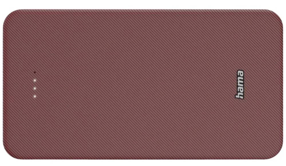 Bordowy wzorzysty power bank z napisem 'hama' z boku.