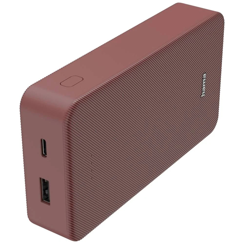 Brązowy power bank Hama z portem USB i USB-C. Widok pod kątem.