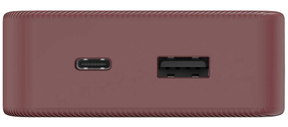 Bordowy power bank z portami USB-C i USB-A obok siebie.