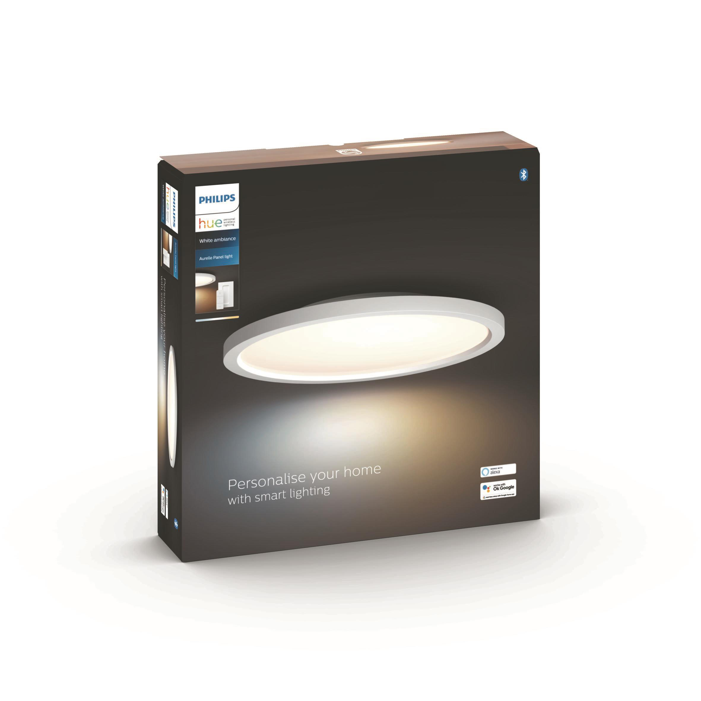 Verpackte Philips Hue Deckenleuchte. Weiße und braune Farben. Produktname auf der Box.