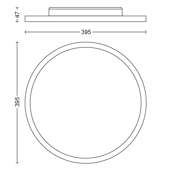 Eine kreisförmige Deckenleuchte mit Bemaßungen, eine Ober- und Seitenansicht des Produkts in einem Diagramm.