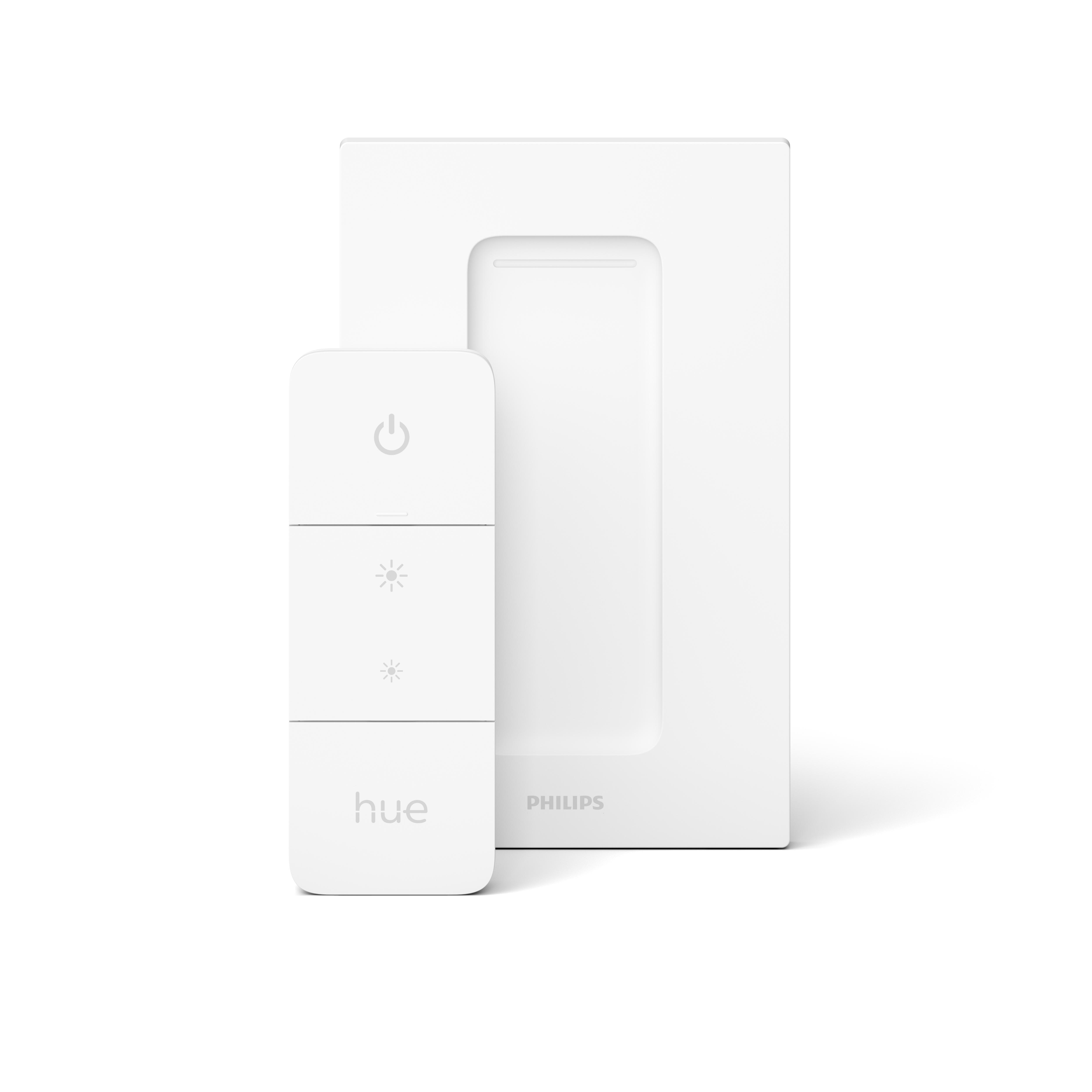 Ein weißer Philips Hue Dimmschalter und seine Montageplatte.
