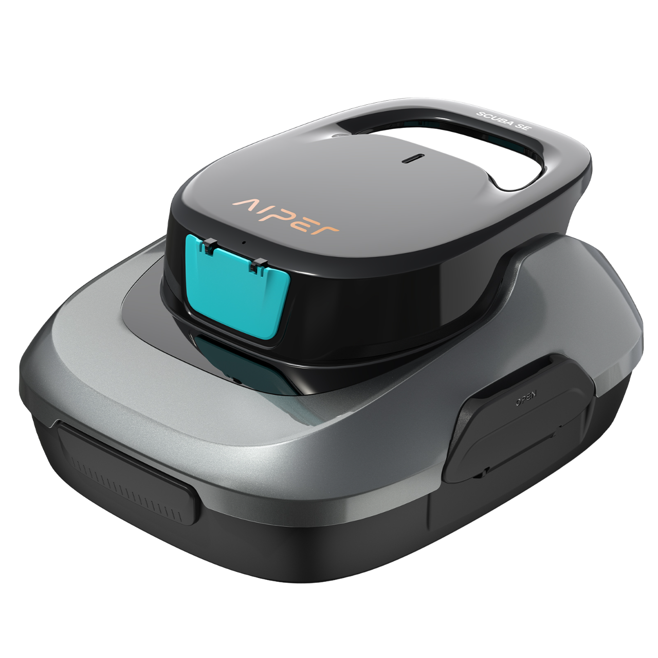 Roboter-Staubsauger, grau-schwarzes Design. Er hat einen Griff und einen türkisfarbenen Knopf.