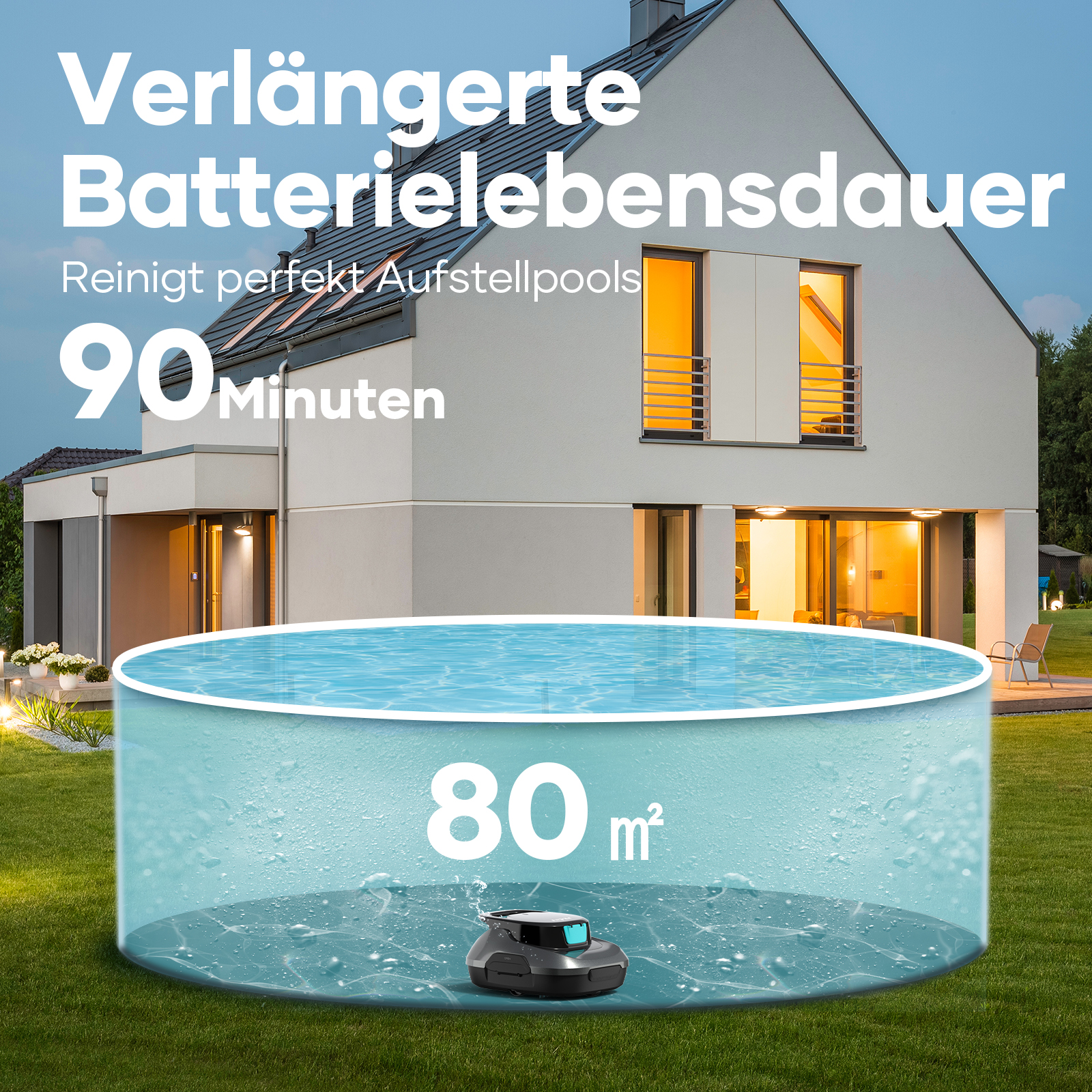 Poolreinigungsroboter in einem Pool vor einem Haus.