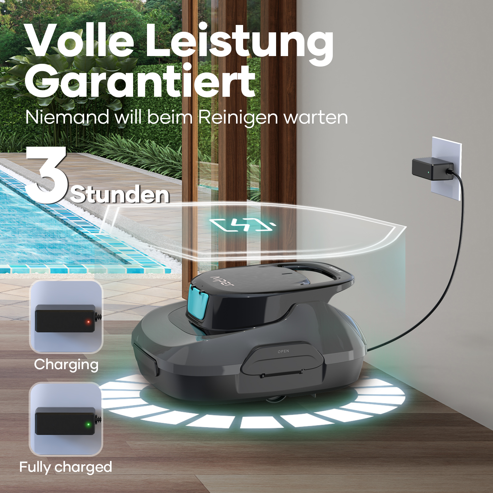 Ein Roboter-Rasenmäher, der sich neben einem Pool auflädt, mit Anzeigeleuchten.