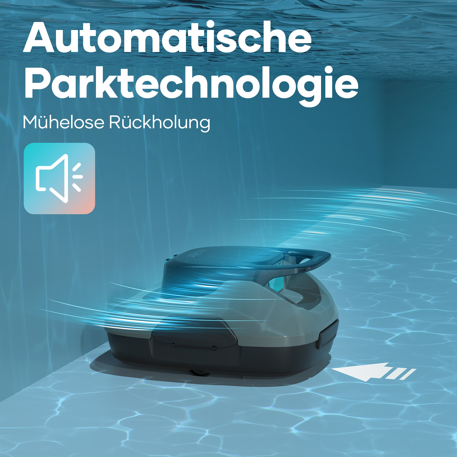 Poolreiniger-Roboter im Wasser, mit Text: automatische Parktechnologie.