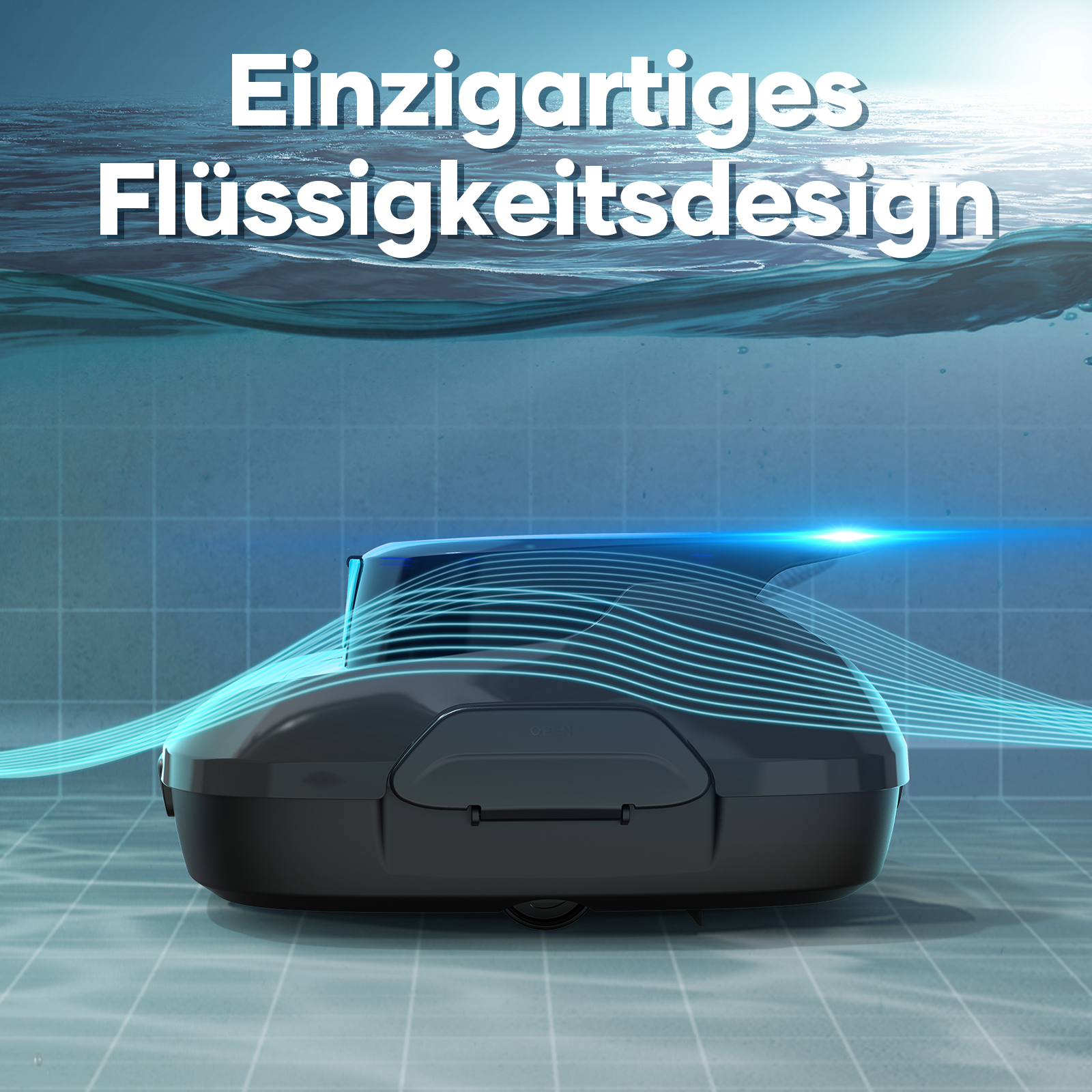 Ein schwarzer Roboter-Staubsauger in einem Pool.