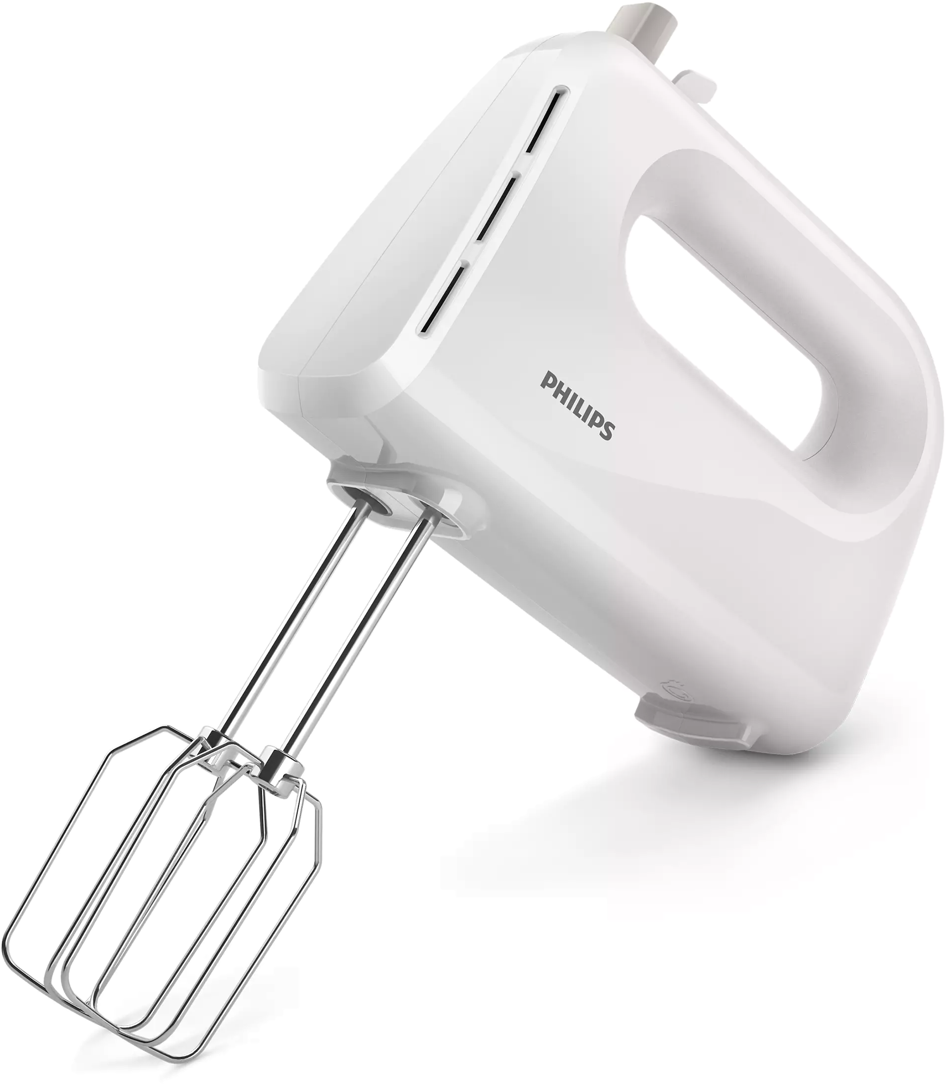 Fehér Philips kézi mixer króm habverőkkel. Dőlésszögben van, az alsó részén a habverőkkel. A háttér sötét.