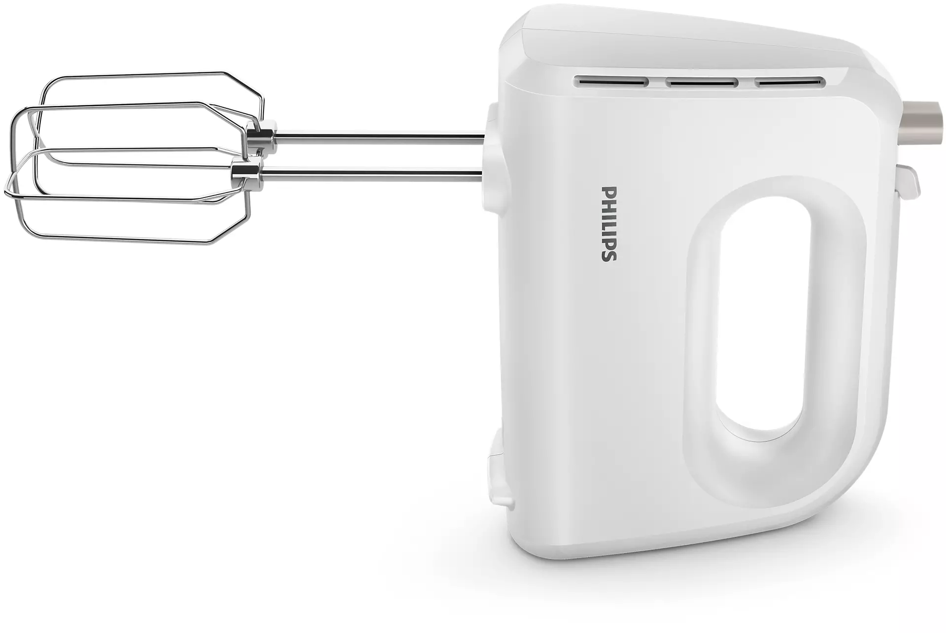 Fehér kézi mixer habverő tartozékokkal, oldalról, fehér háttér előtt.