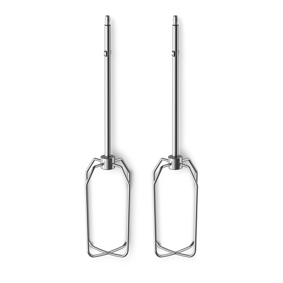 Két ezüst mixer tartozék, függőlegesen elrendezve és fehér háttérrel.