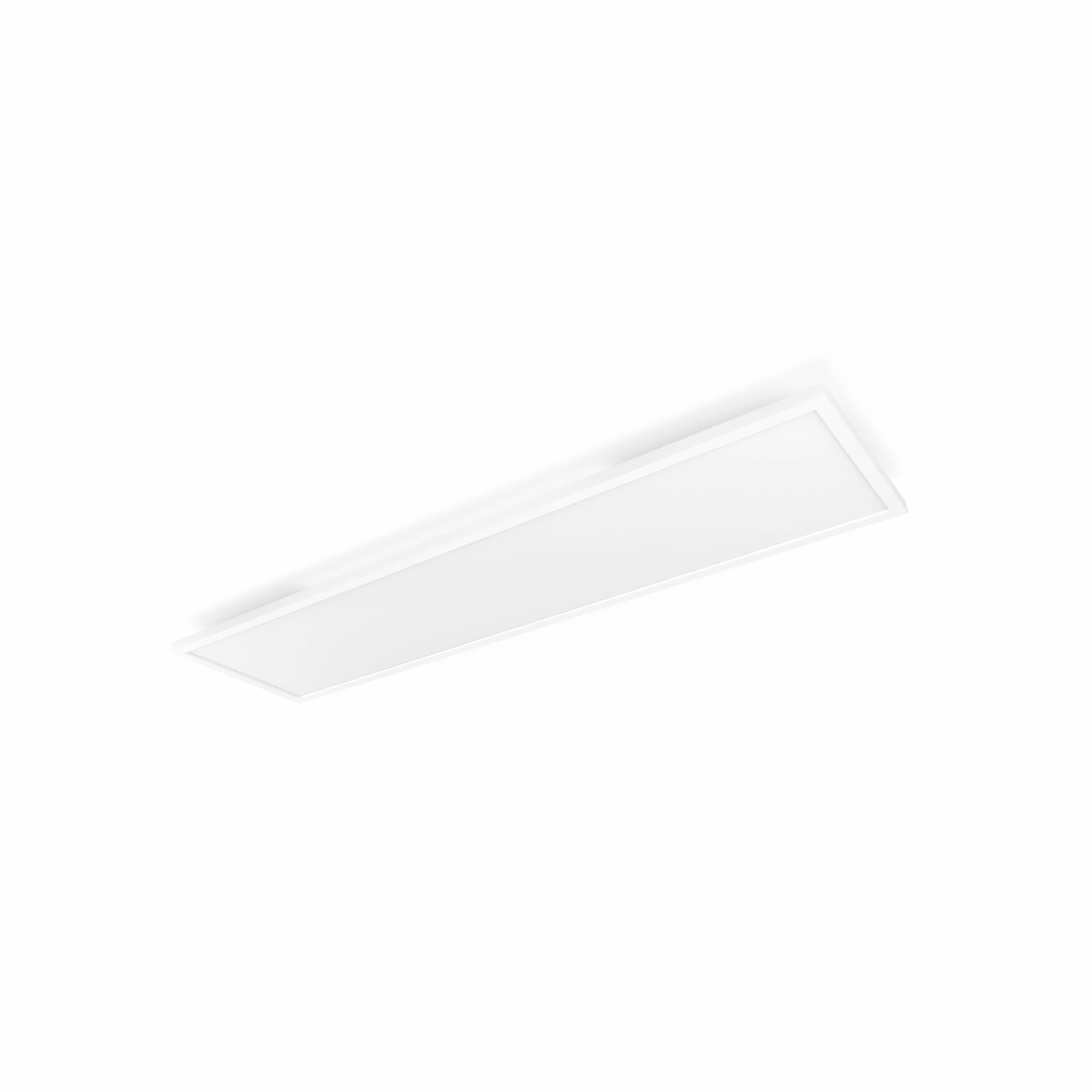 Eine weiße, rechteckige Deckenleuchte auf weißem Hintergrund. Das Licht ist bündig mit der Decke.