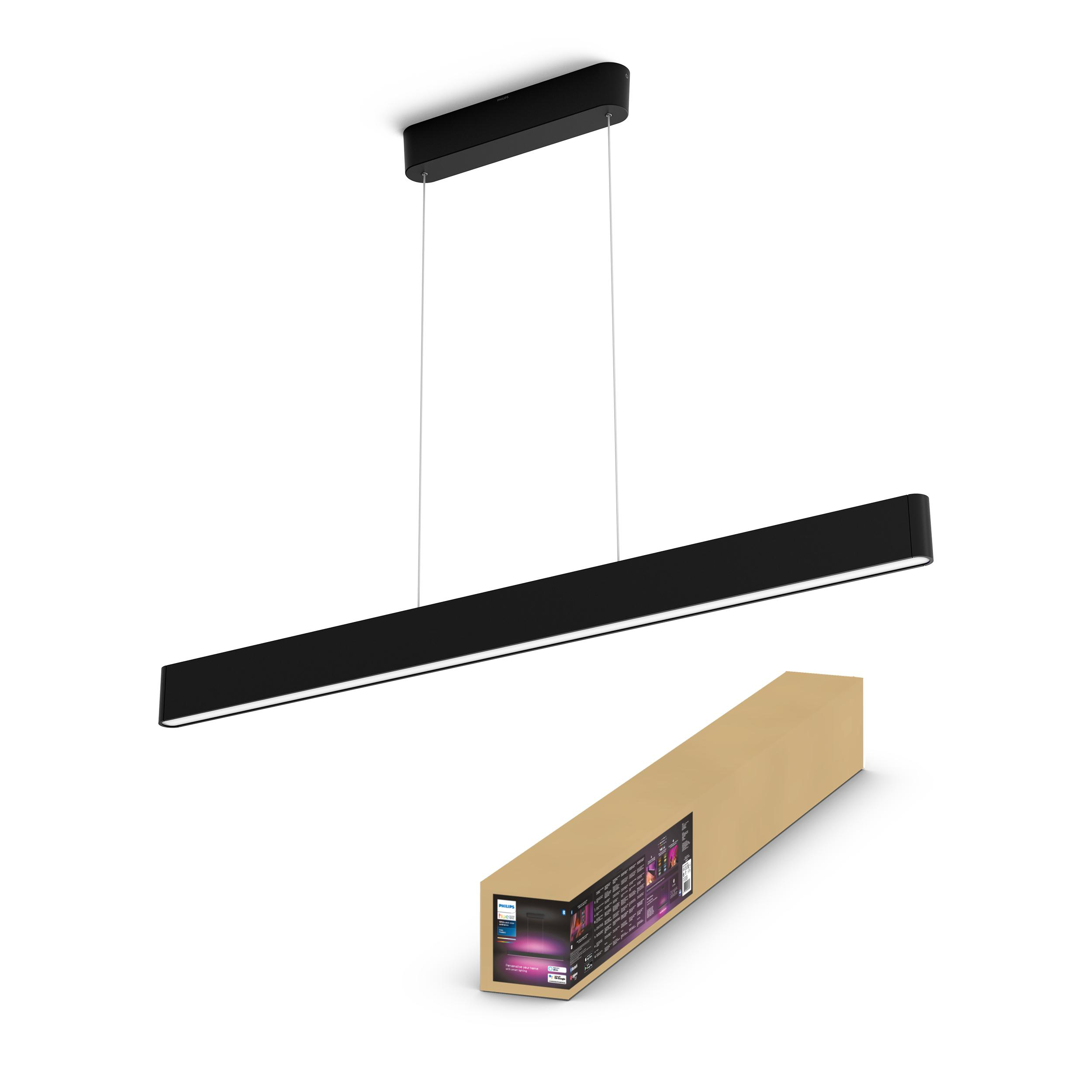 Hängende schwarze moderne lineare Lampe mit einer darunter liegenden Box.