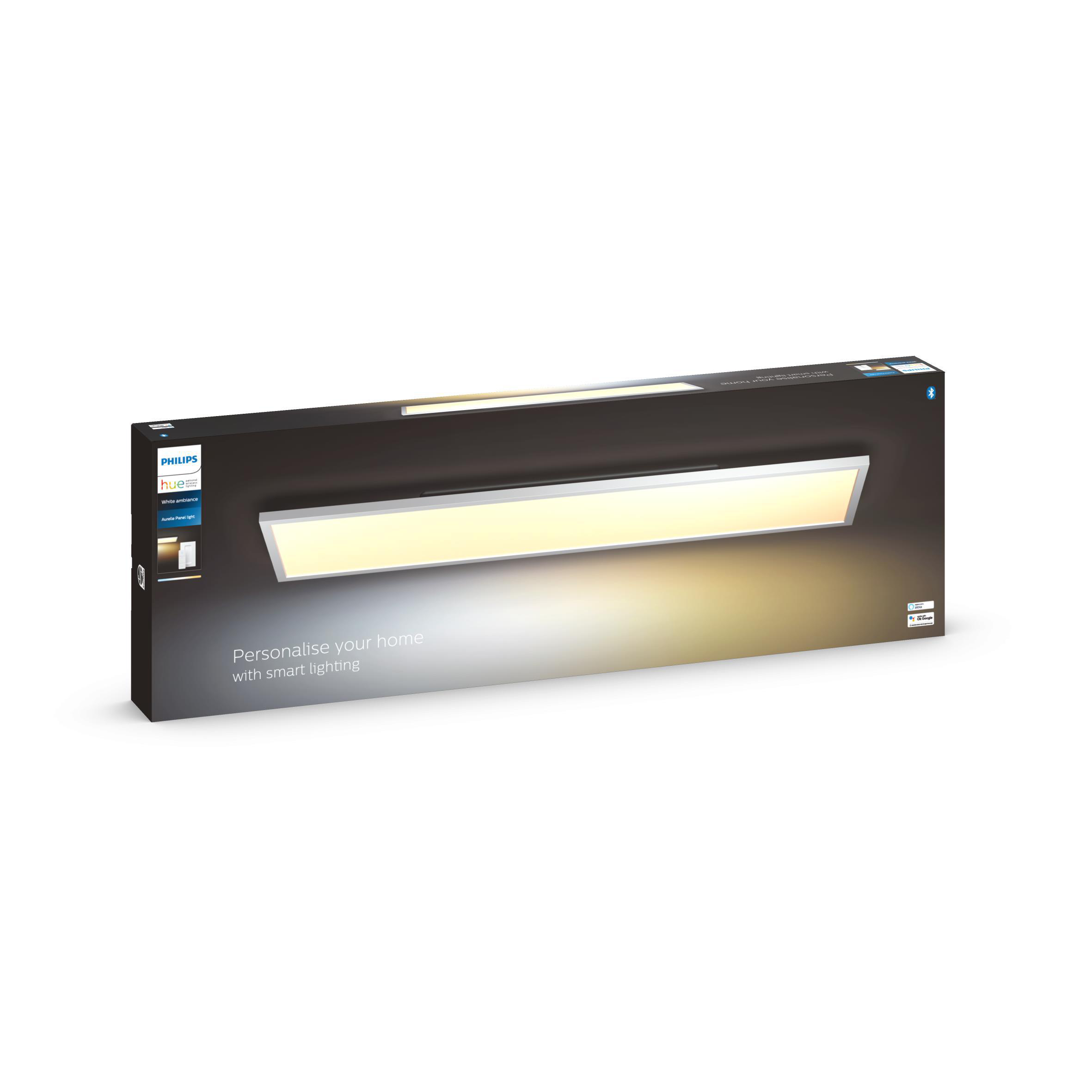 Rechteckige Leuchte in einer Schachtel. Es ist ein Philips Hue-Produkt mit dem Text: 'Personalisiere dein Zuhause'.