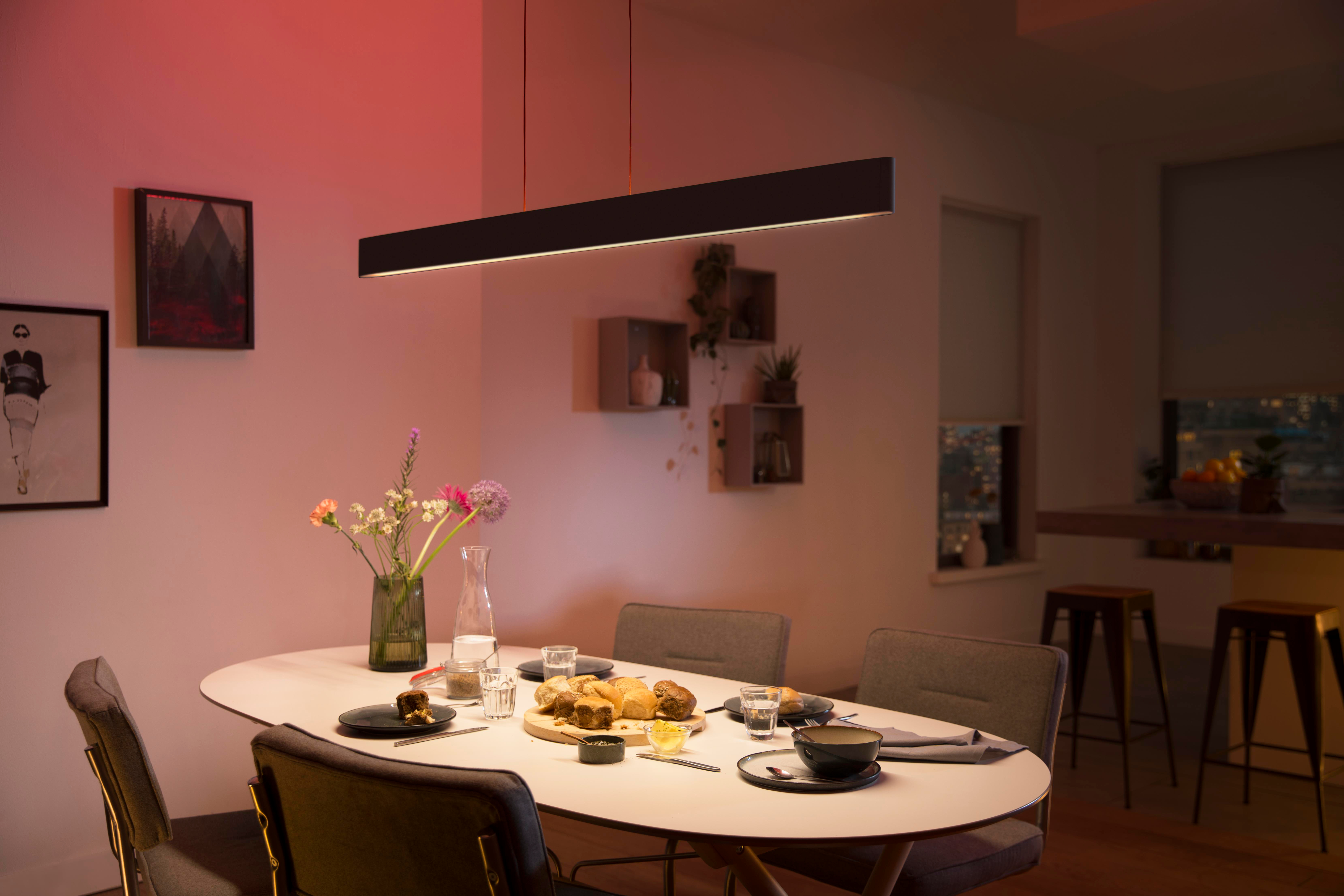 Esszimmer mit einer schwarzen linearen Lampe über einem Tisch.