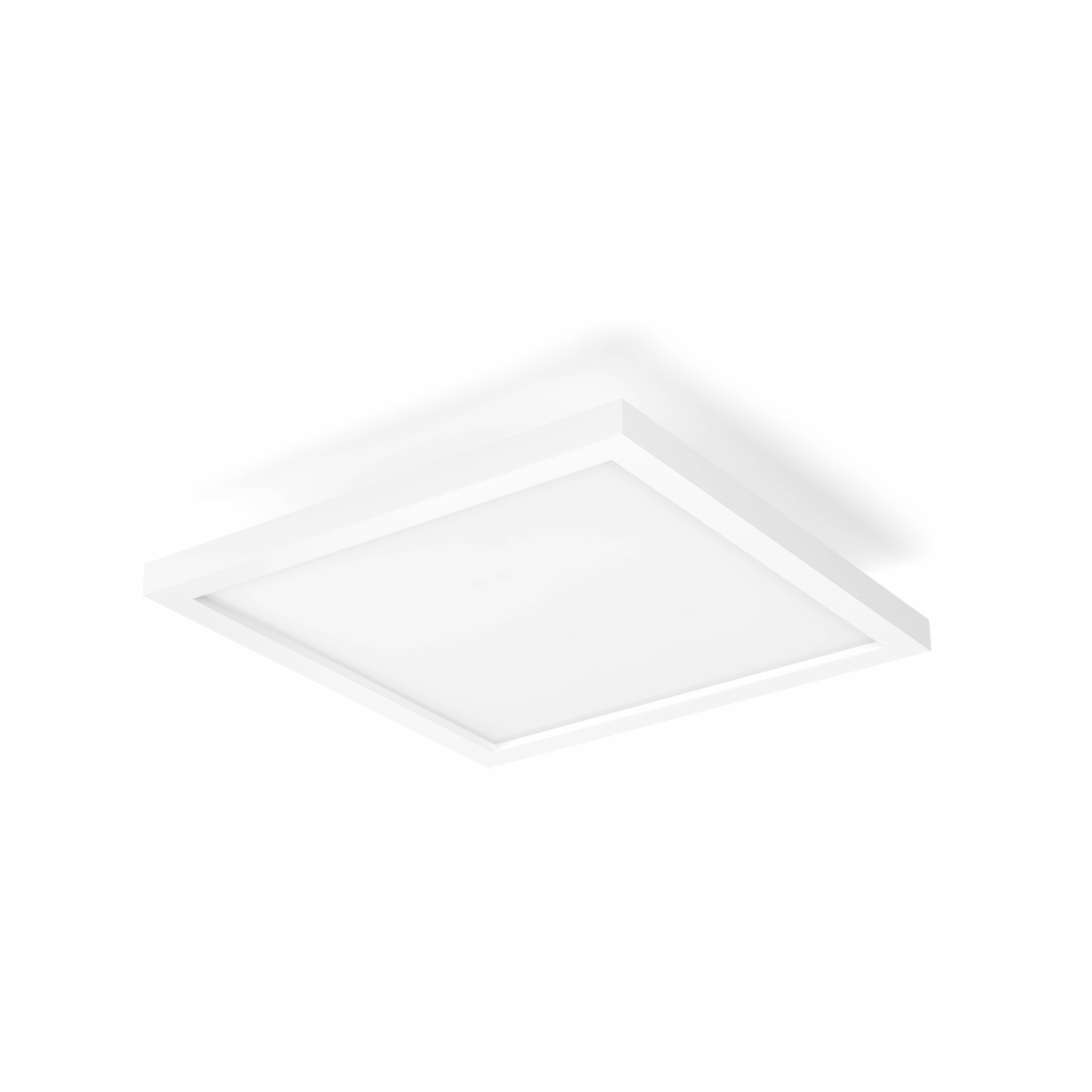 Quadratische weiße Deckenleuchte. Sie hat einen weißen Rahmen und eine helle, quadratische Lichtquelle.