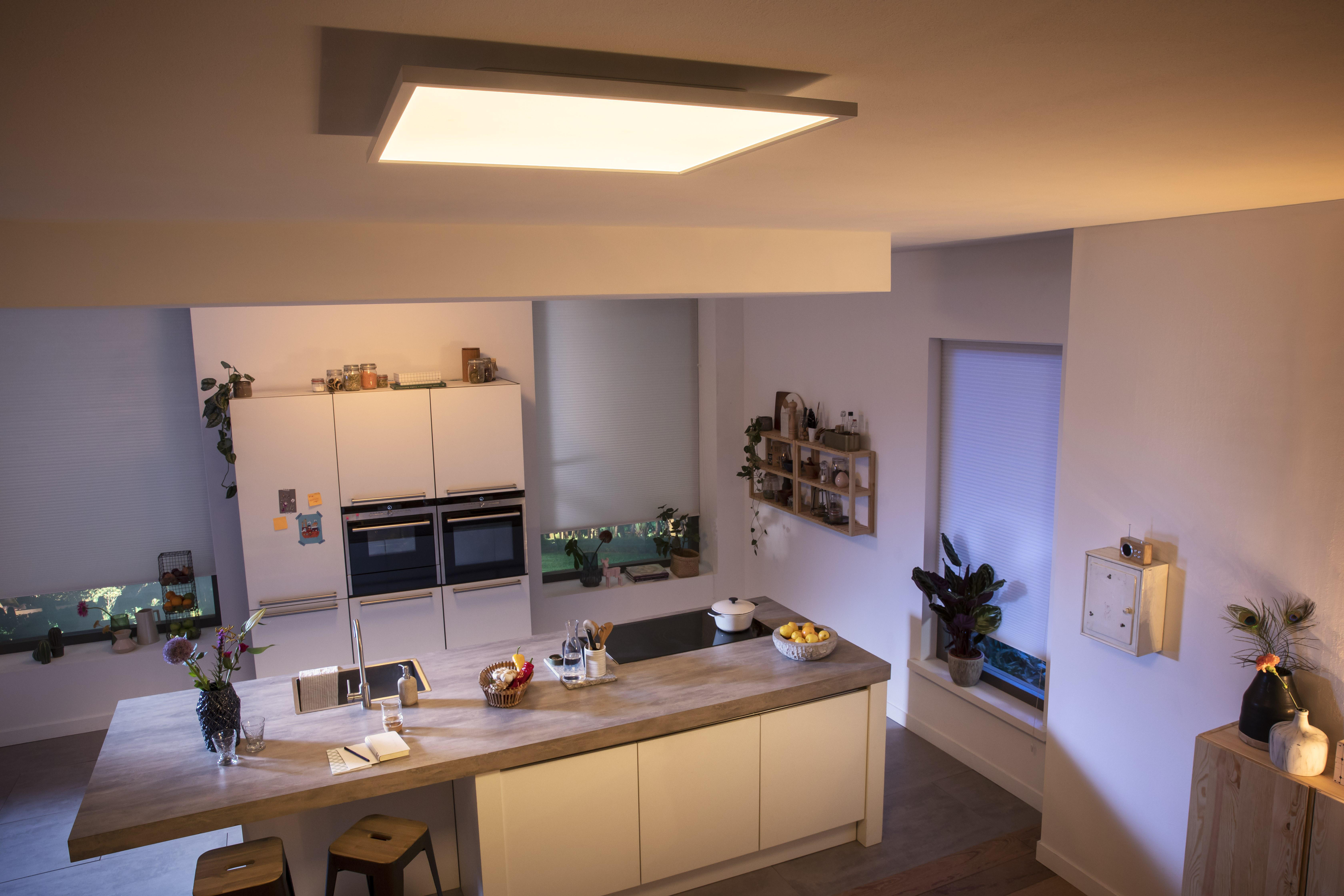 Küche mit großem weißen Lichtpaneel an der Decke, weißen Schränken und Insel. Fensteransicht.