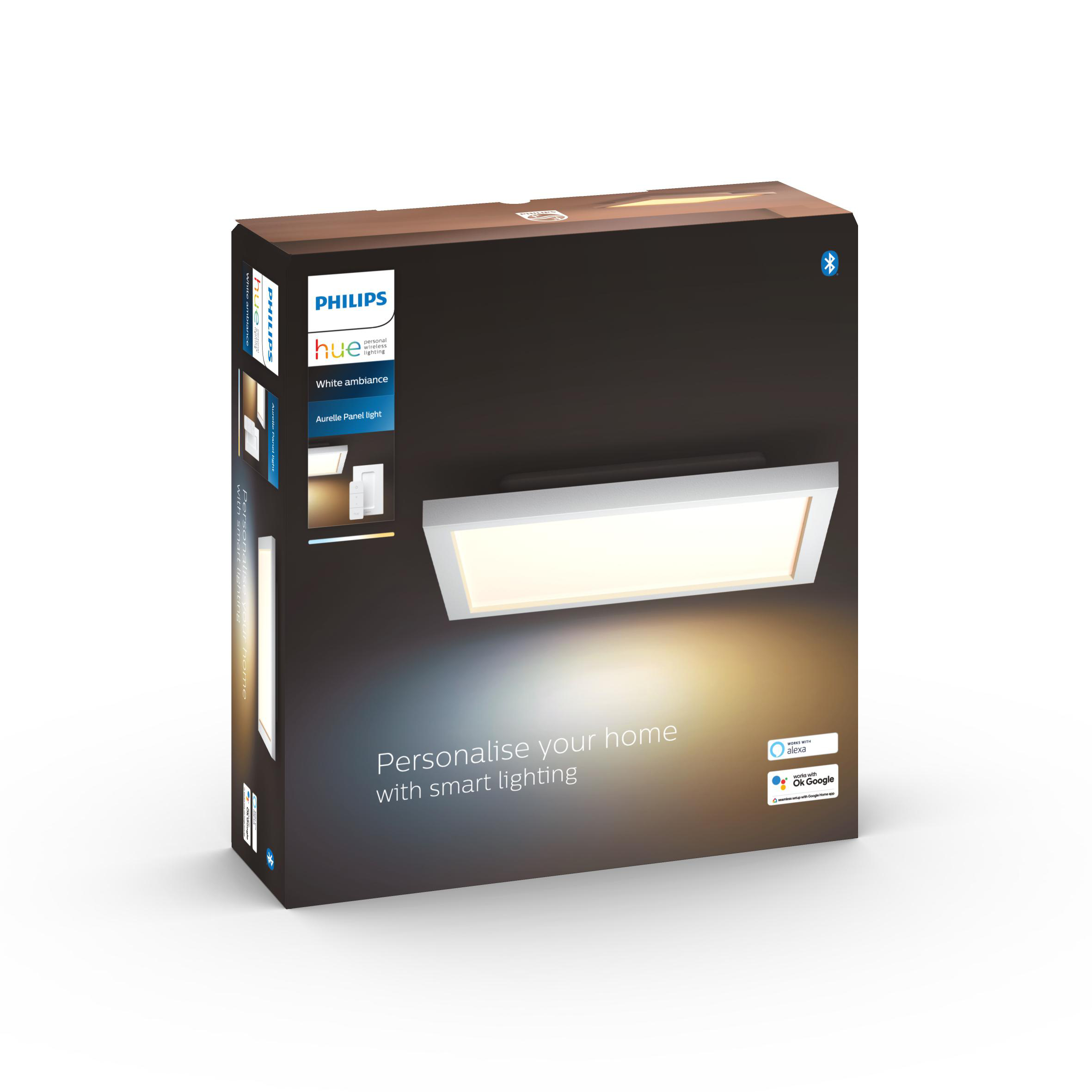 Eine weiße, rechteckige Leuchtenbox. Die Verpackung enthält Text und Logo.