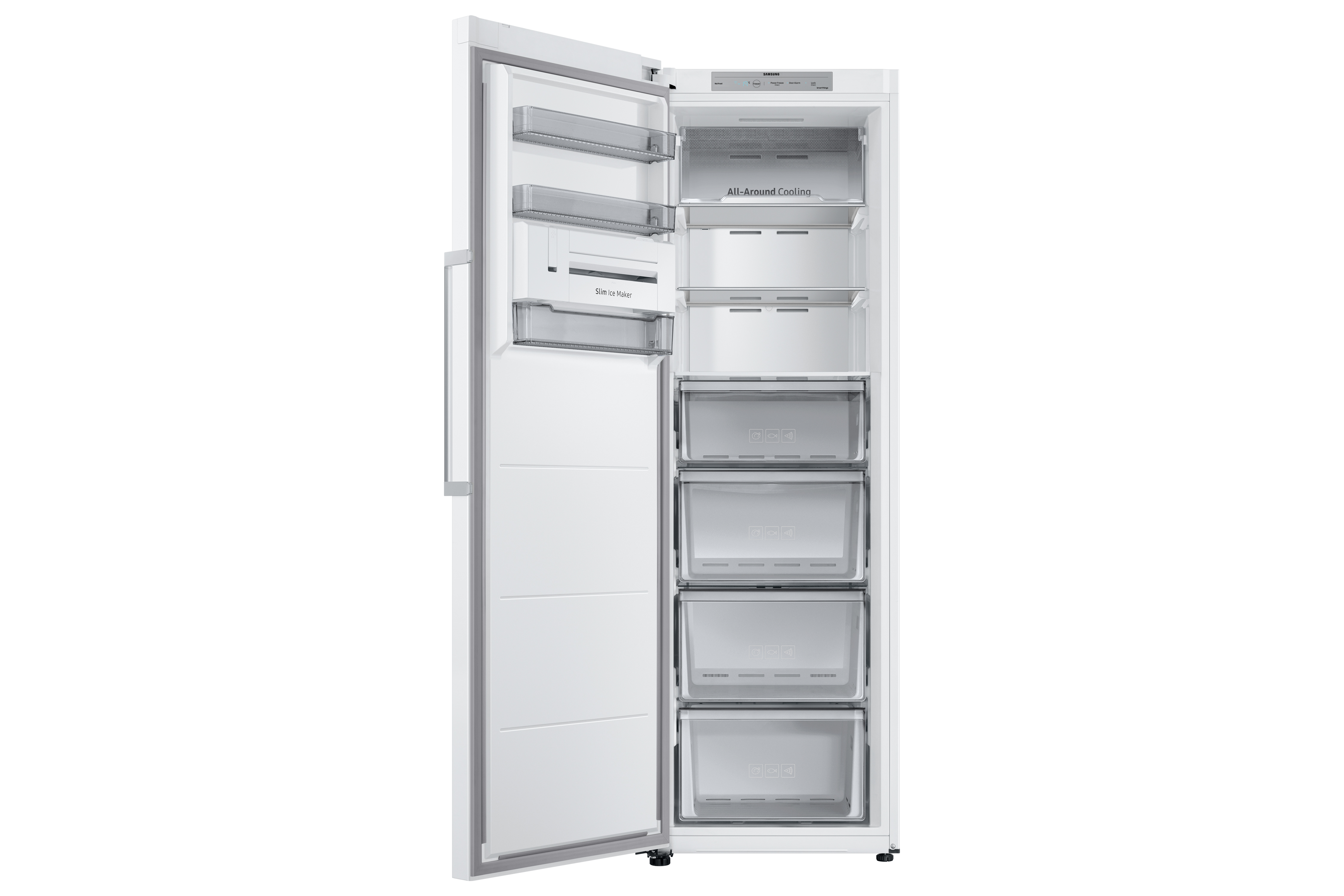 Refrigerador blanco con la puerta abierta, mostrando estantes y cajones. Dentro hay estantes, cajones y una luz.