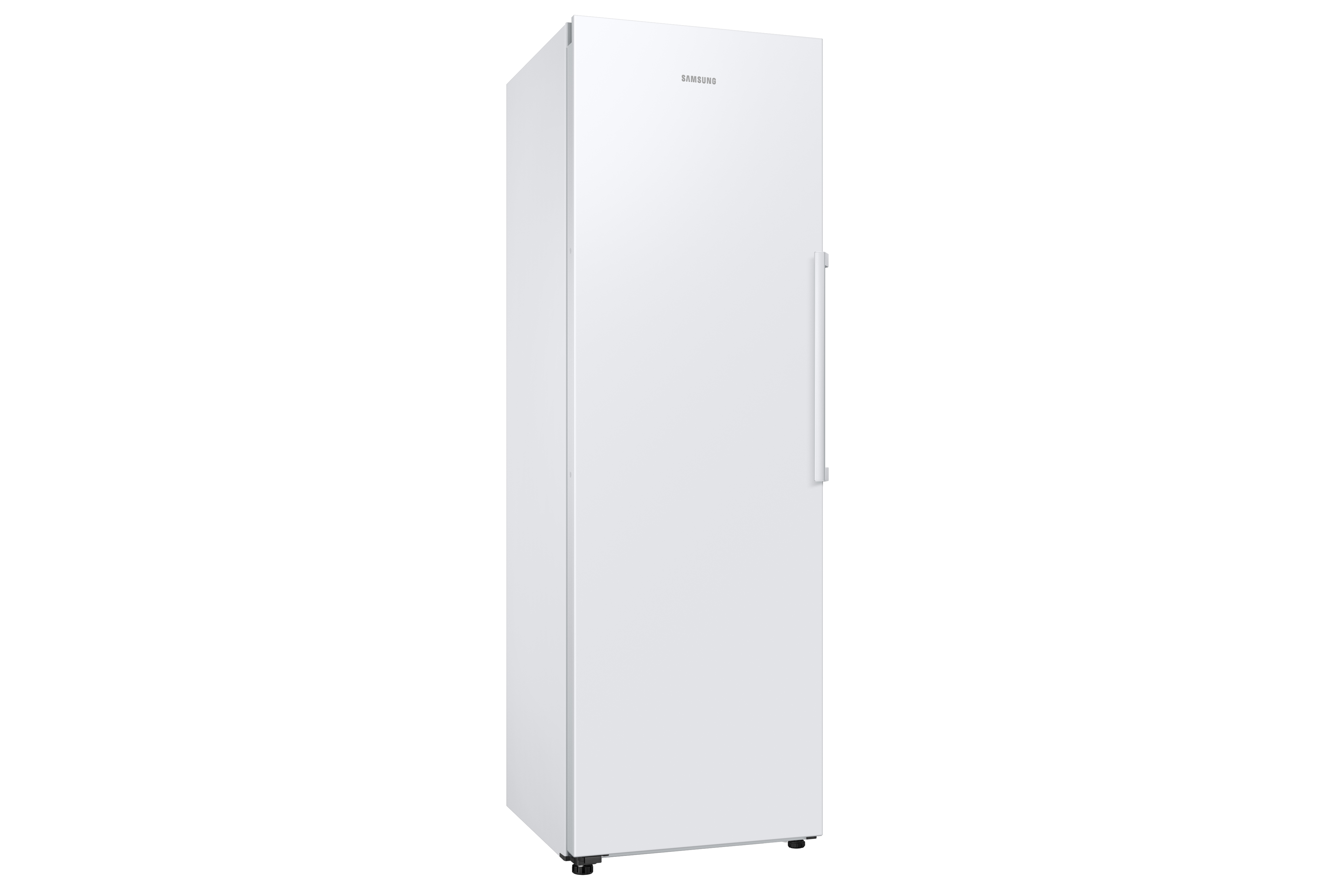 Refrigerador Samsung blanco, alto y delgado, con un solo asa y un fondo blanco.