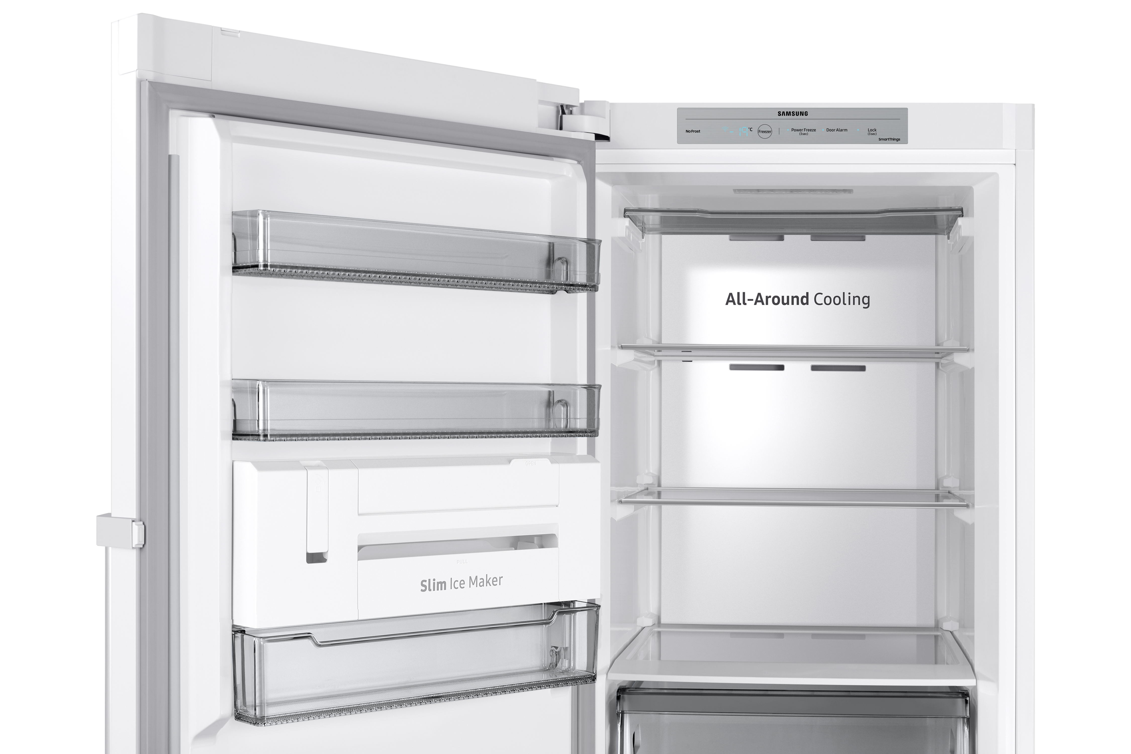 Interior de refrigerador abierto. Estantes con contenedores. Aparece el texto 'All-Around Cooling'.