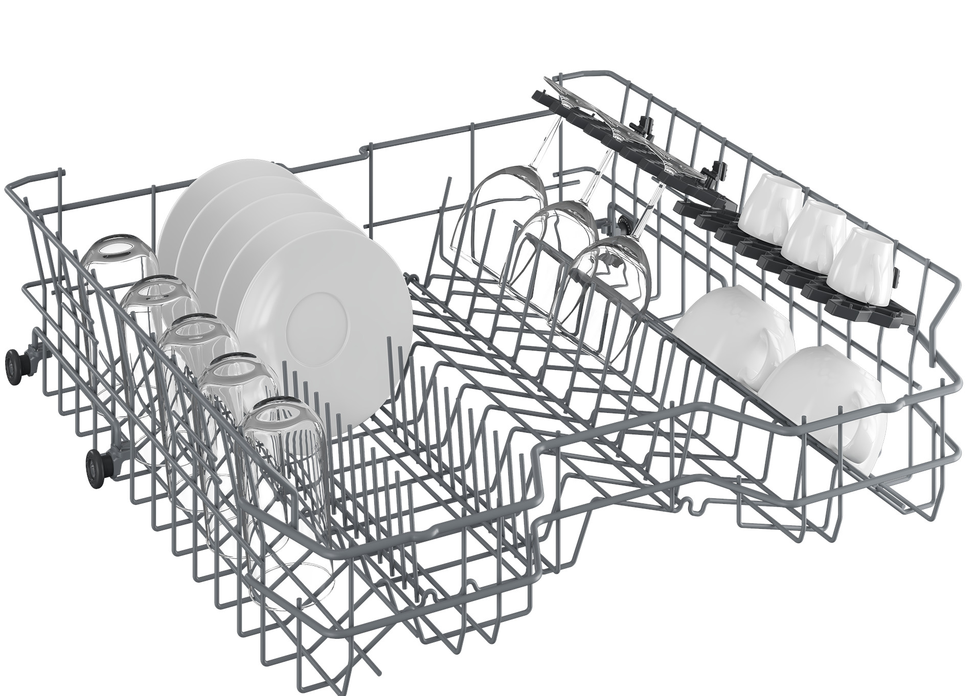 Koszyk zmywarki z naczyniami, szklankami i sztućcami.