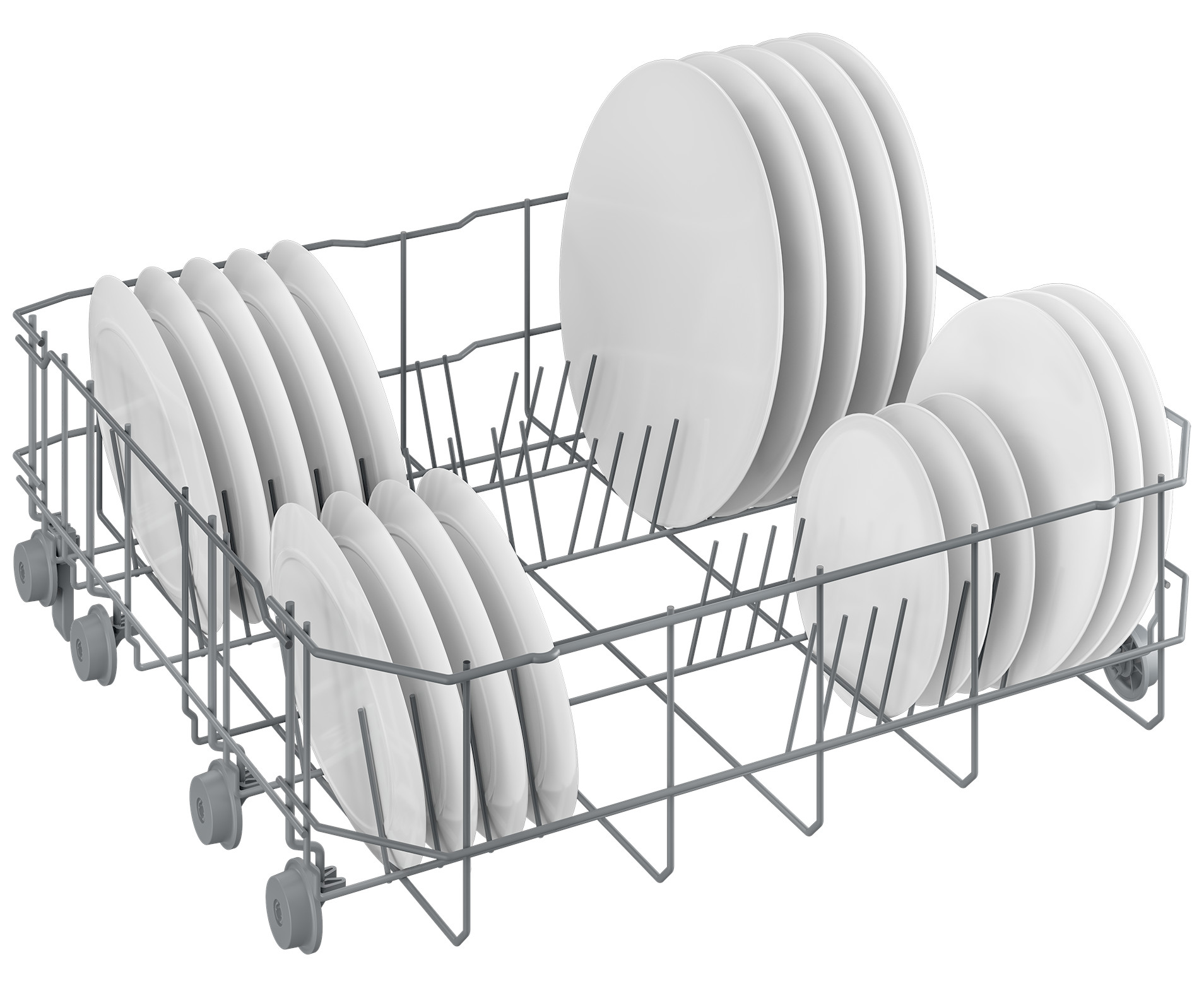Stojak do zmywarki z talerzami. Talerze są ułożone w stojaku.