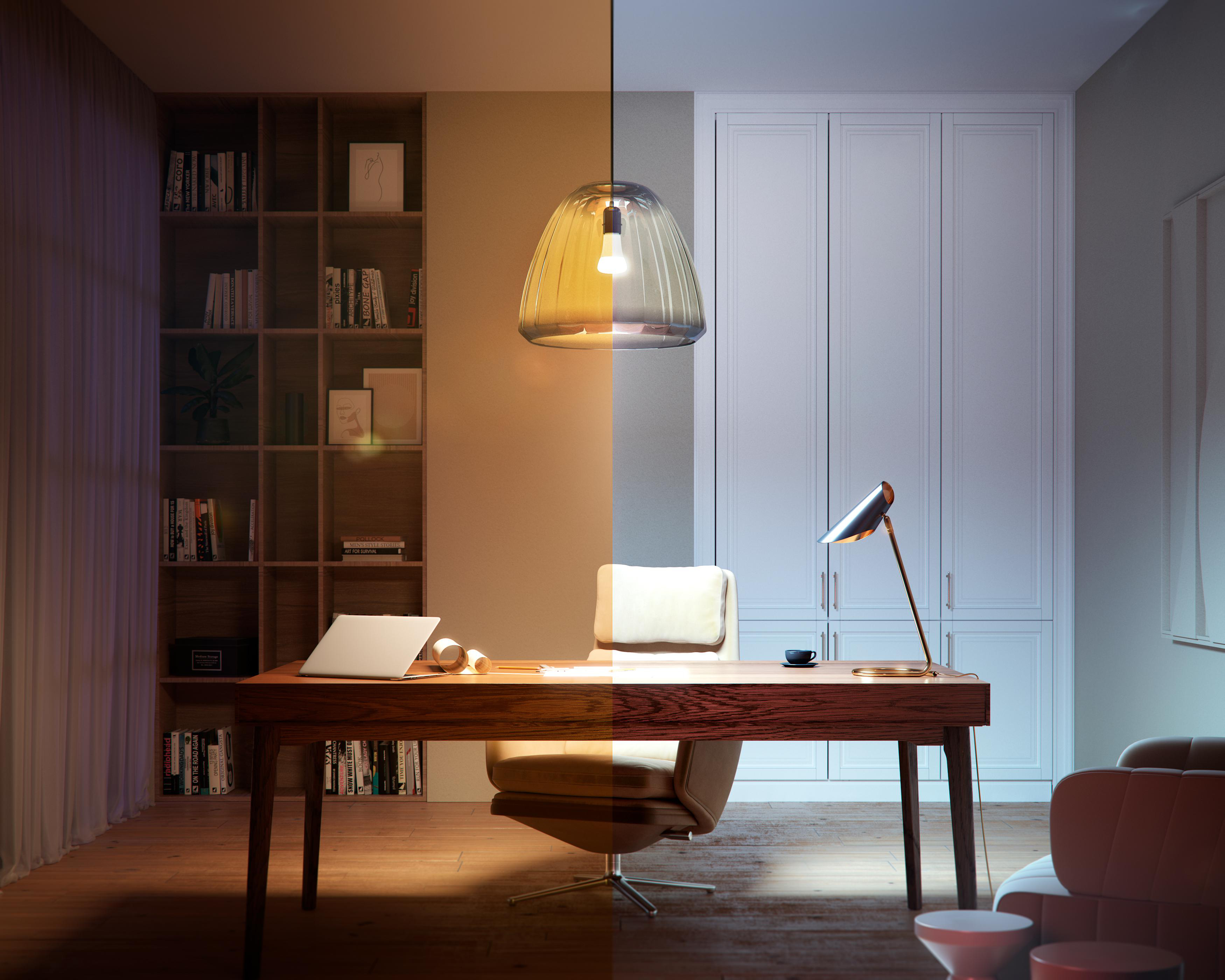 Gemütliches Heimbüro mit Schreibtisch, Lampe und Bücherregal. Warme und kühle Beleuchtung.