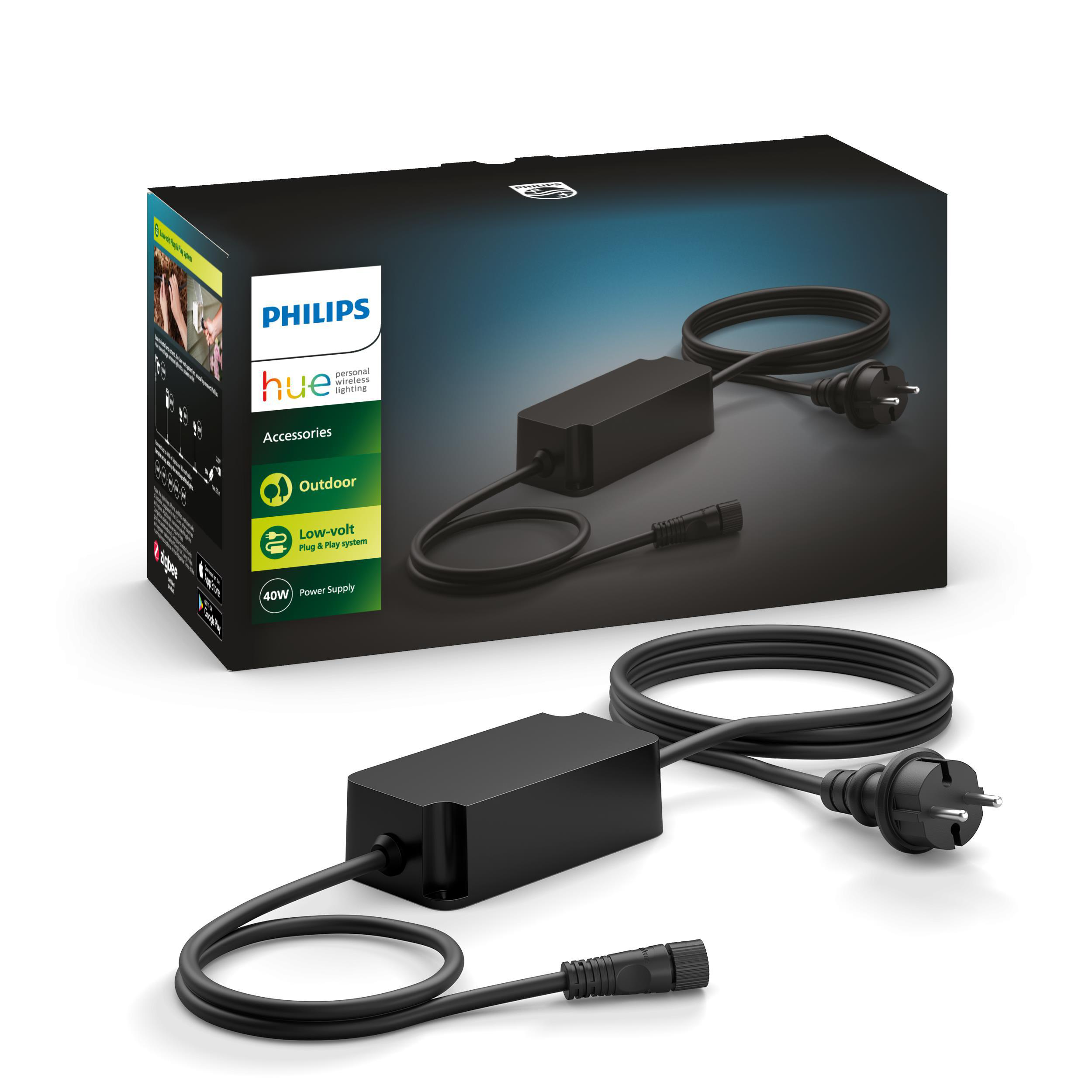 Eine schwarze Philips Hue Stromversorgungsbox mit Kabeln und einem Netzstecker. Weißer Hintergrund.