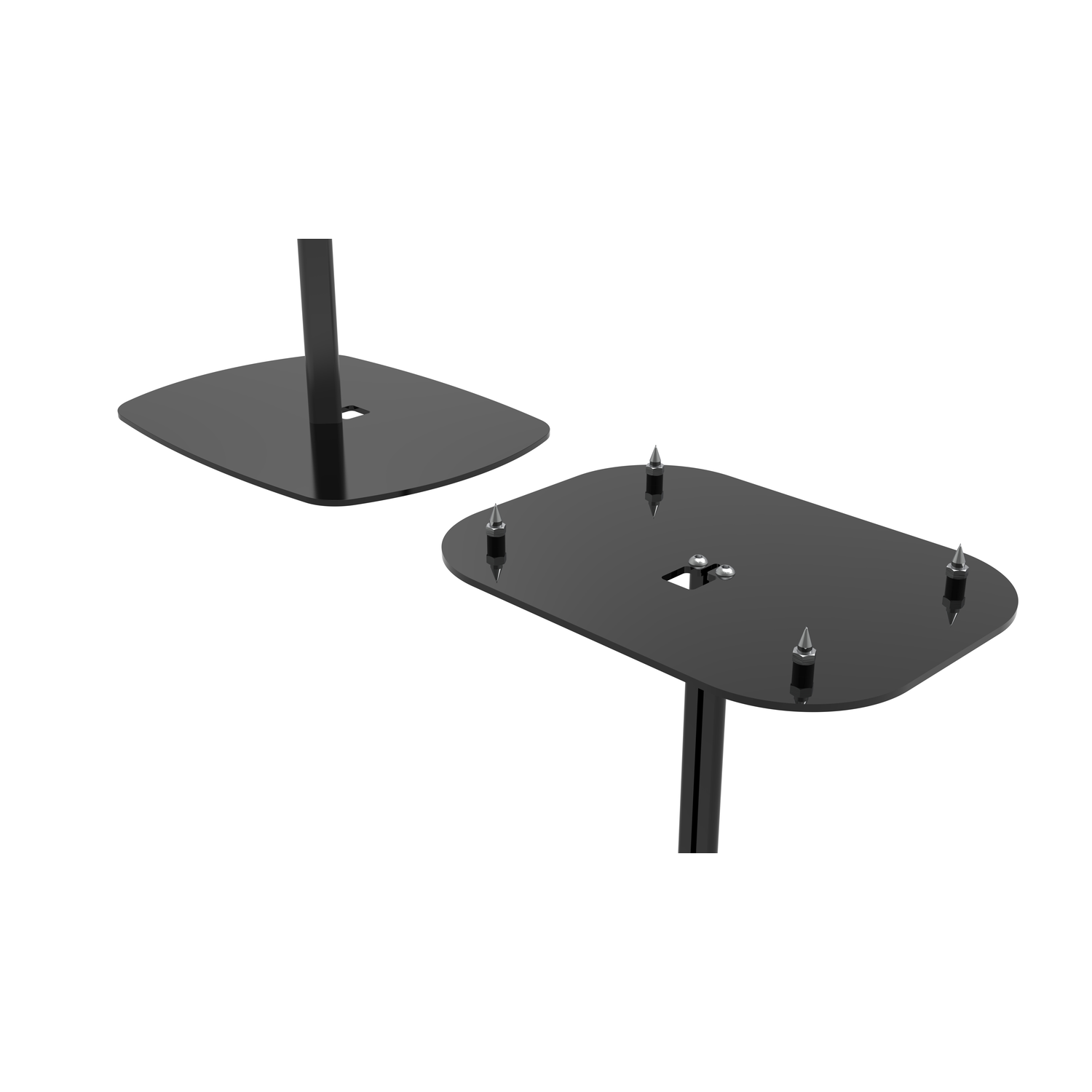 Twee zwarte metalen standaards, een met spikes. Ze zijn geïsoleerd op een witte achtergrond.