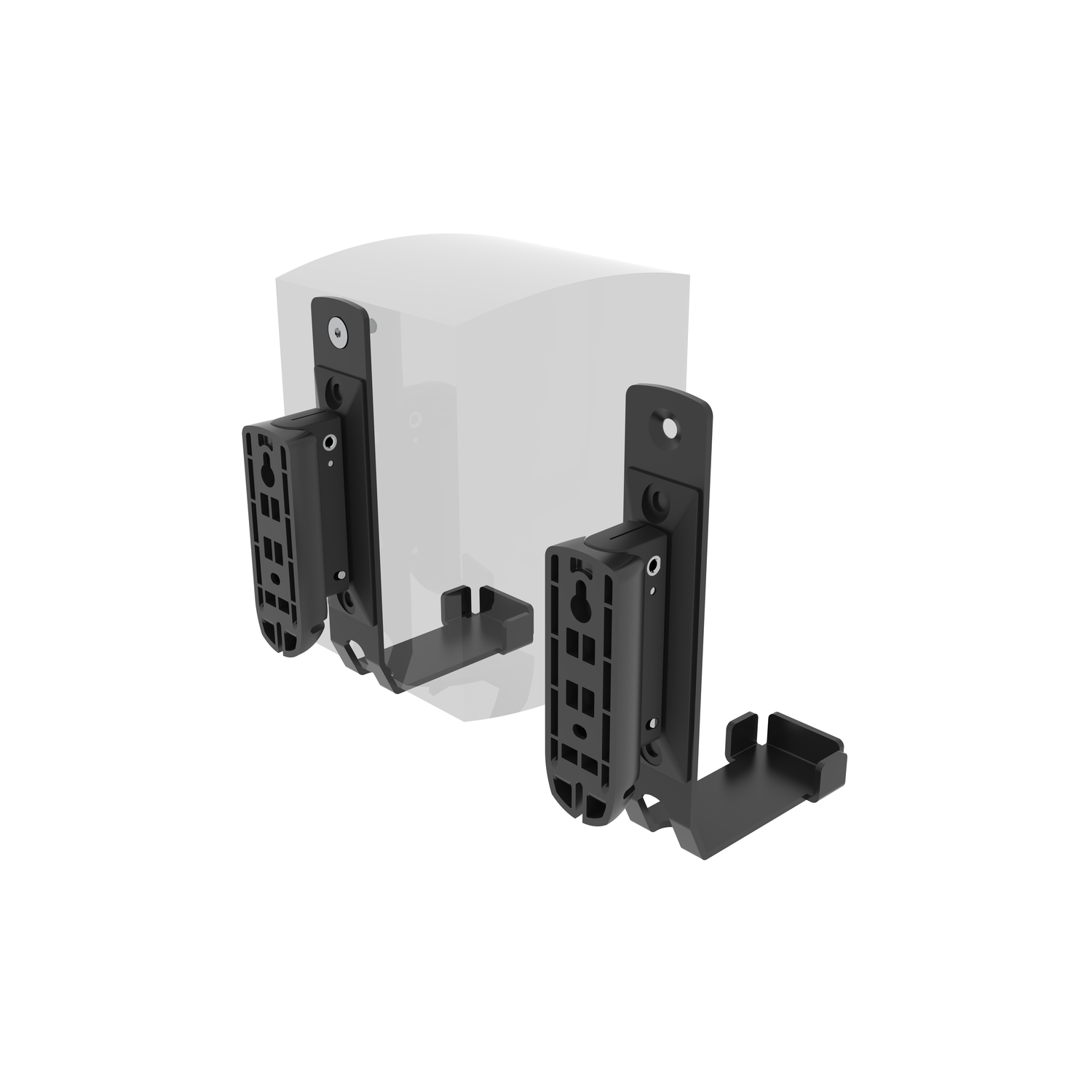 Supports de montage noirs pour un haut-parleur, sur fond blanc avec un haut-parleur flou.