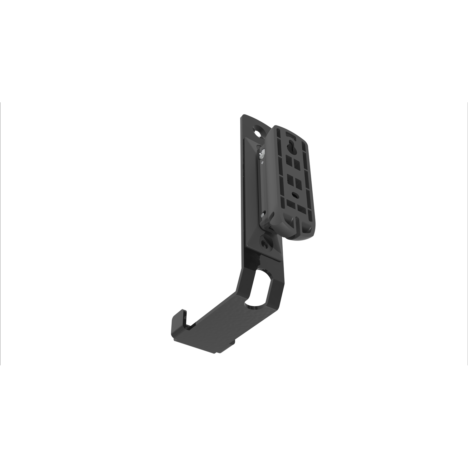 Un support métallique noir avec un mécanisme de fixation pour un appareil, sur fond blanc.