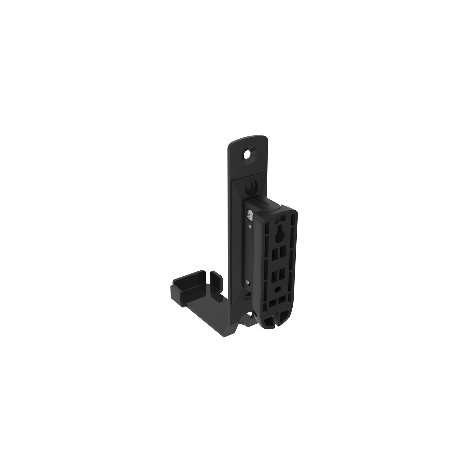 Support métallique noir, en forme de L, avec trous de montage et section pour tenir un objet.