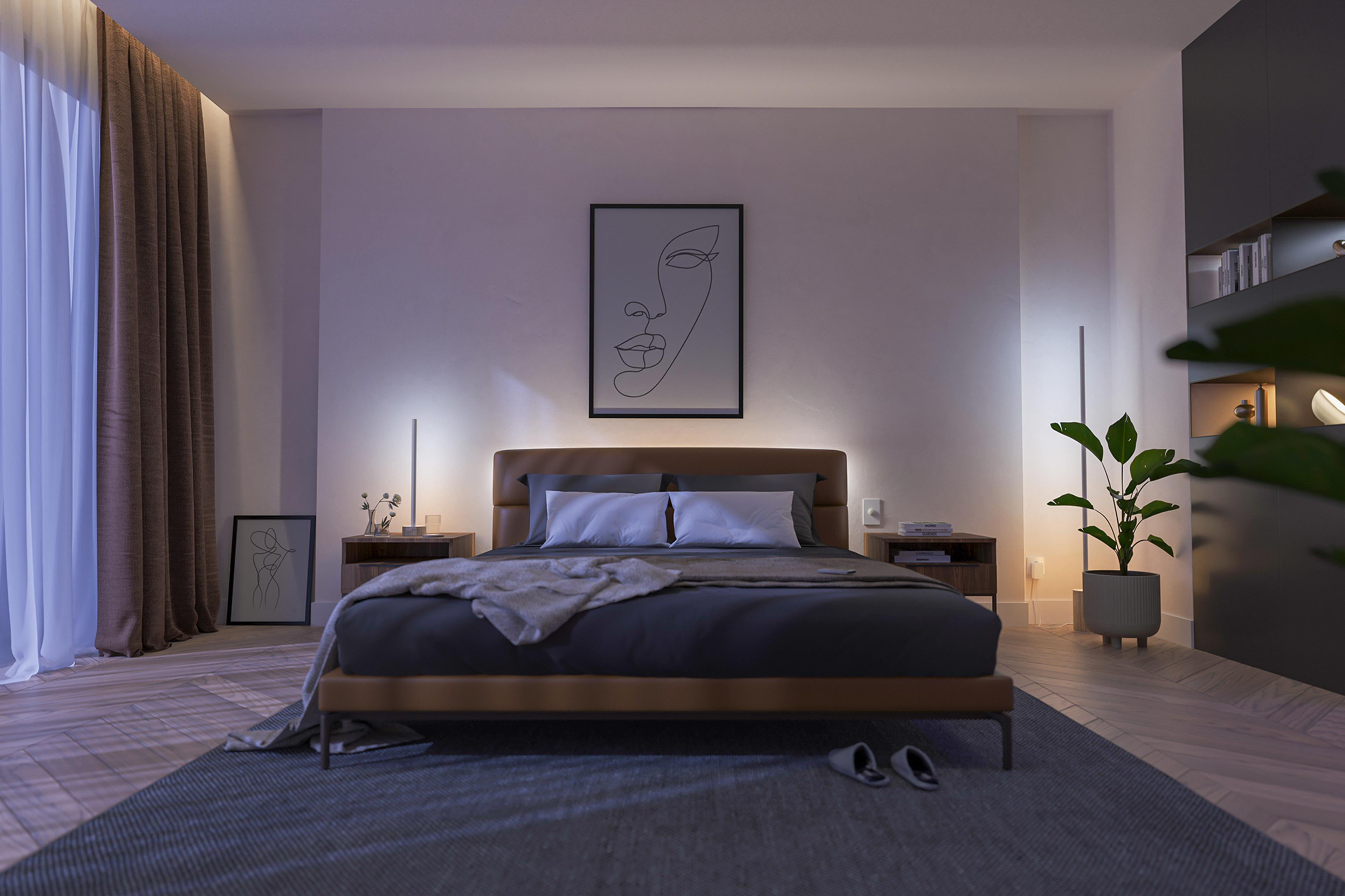 Ein gut beleuchtetes Schlafzimmer. Bett, Nachttische, Kunstwerke und eine Pflanze sind zu sehen.