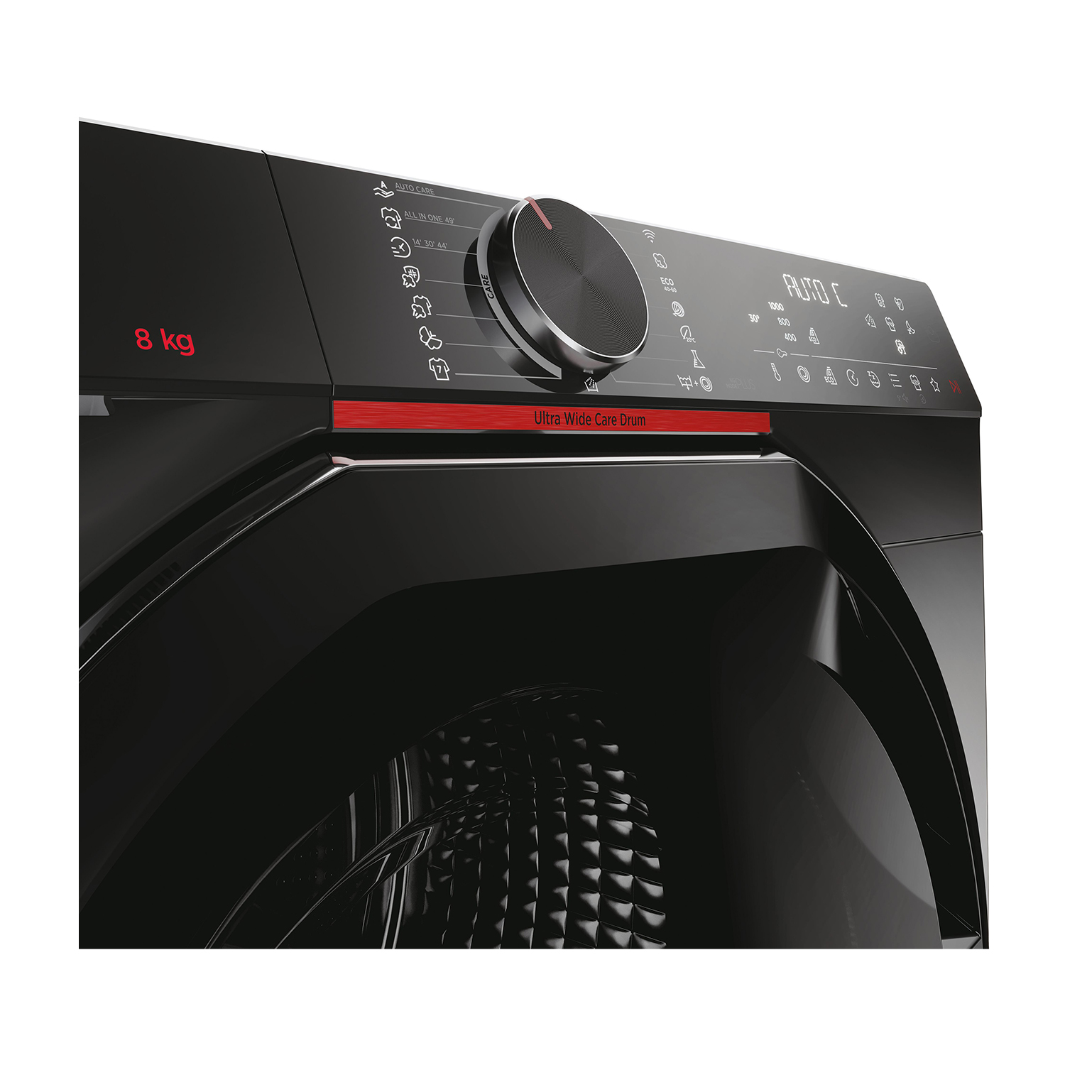 Asciugatrice nera con pannello di controllo e testo 'Ultra Wide Care Drum'.