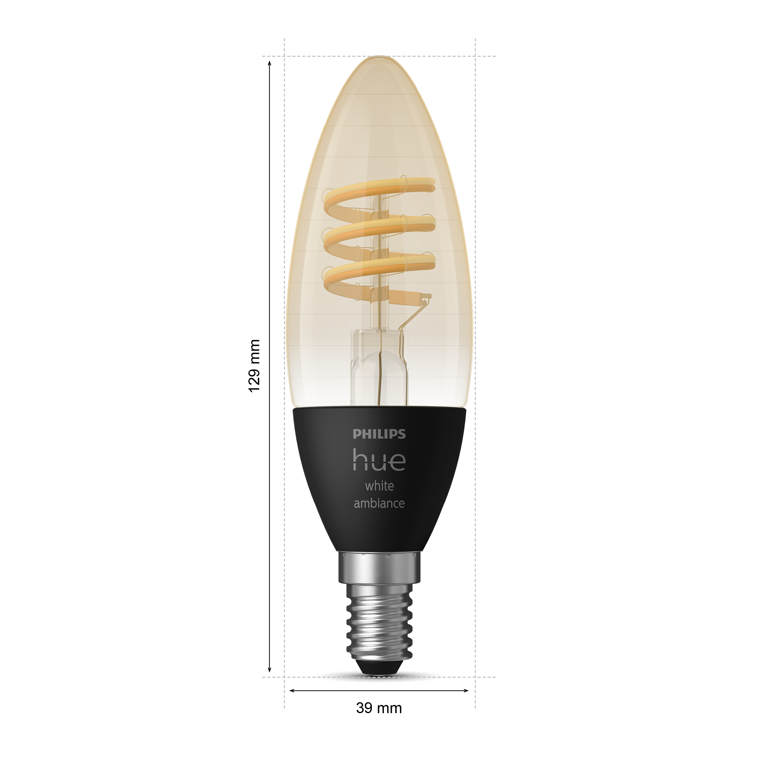 Eine Philips Hue LED-Glühbirne. Sie hat einen spiralförmigen Glühfaden, einen schwarzen Sockel und einen silbernen Schraubsockel.