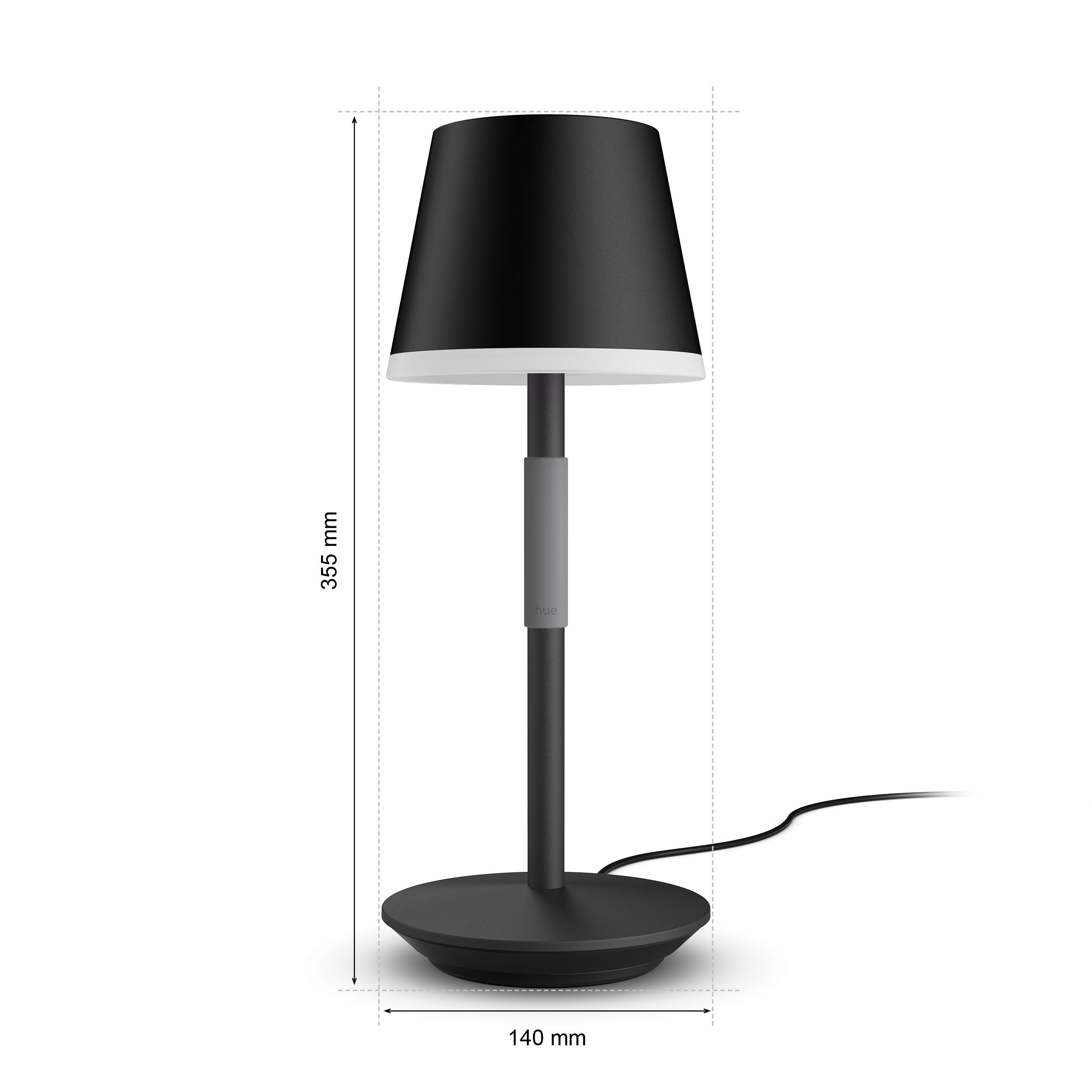 Schwarze Tischlampe mit schwarzem Lampenschirm. Abmessungen in mm werden angezeigt. Lampe hat einen grauen Abschnitt.