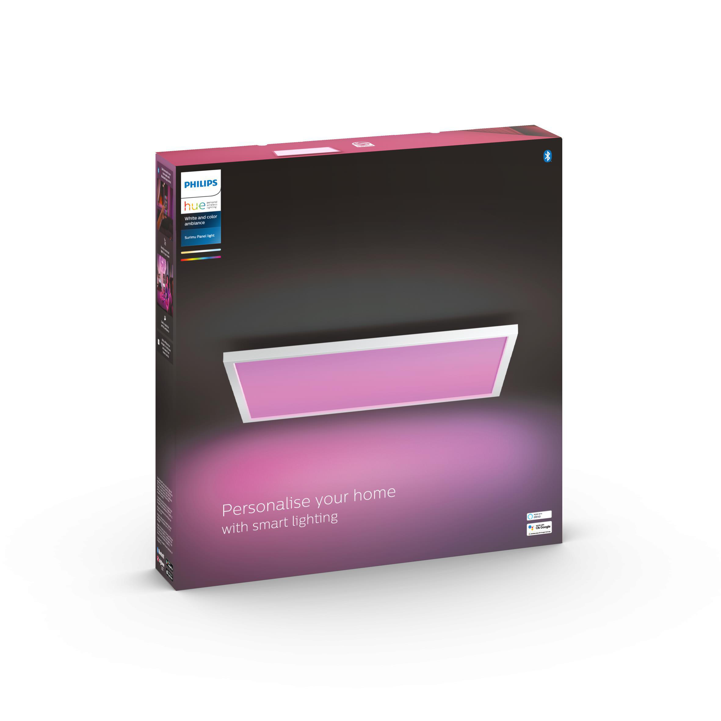 Eine Box mit Philips Hue Beleuchtung. Auf der Box ist ein Bild einer Panel-Leuchte mit rosa und weißen Farben.