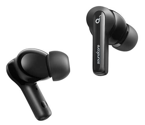 Czarne słuchawki Soundcore. Jedna słuchawka jest pod kątem, druga prosto, obie na białym tle.