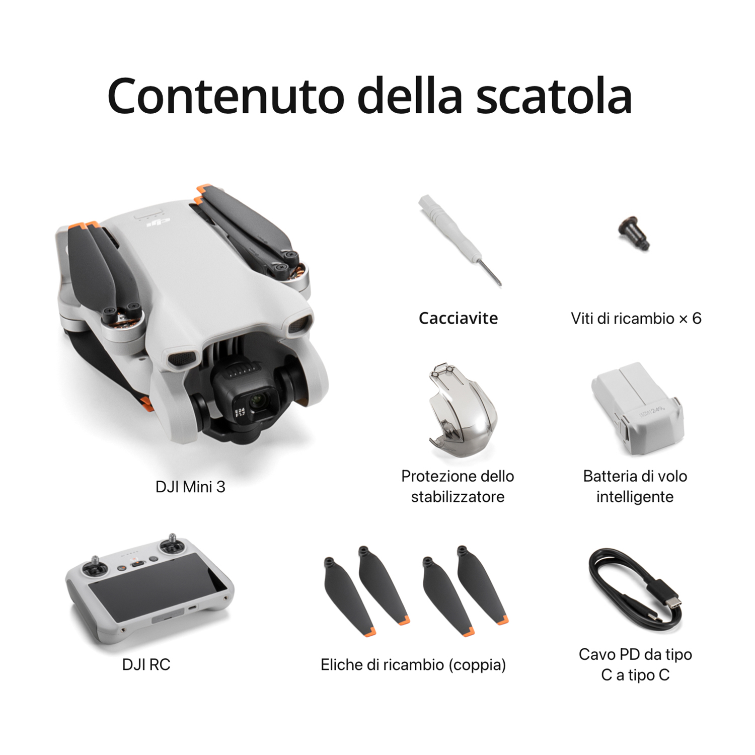Drone e accessori: drone, DJI RC, cacciavite, viti di ricambio, stabilizzatore, batteria ed eliche.