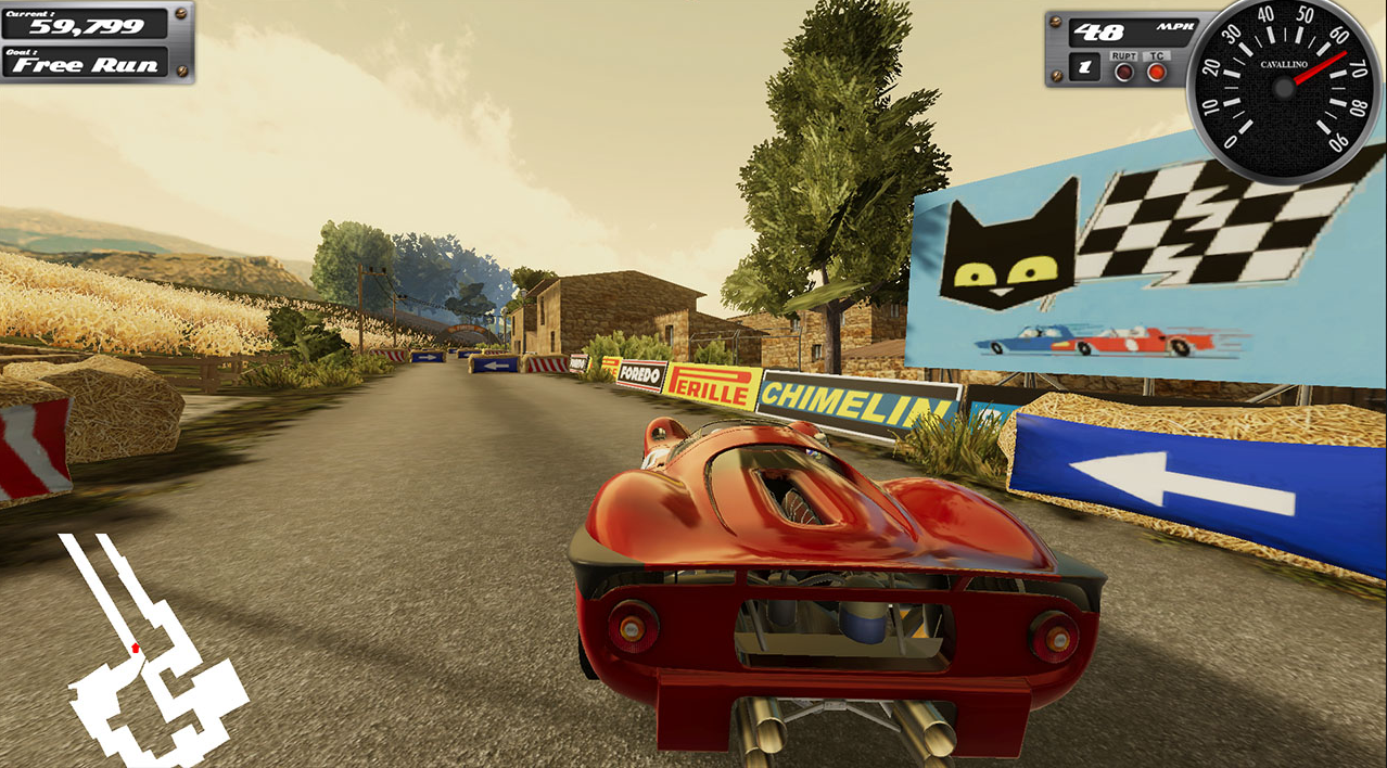 Rotes Rennauto auf Rennstrecke in Videospiel, mit Tacho und UI-Elementen.