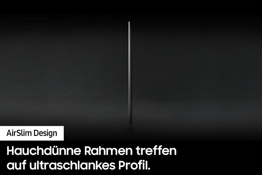 Ein dünner schwarzer Fernsehbildschirm von der Seite, mit weißem Text und den Worten 'AirSlim Design'.