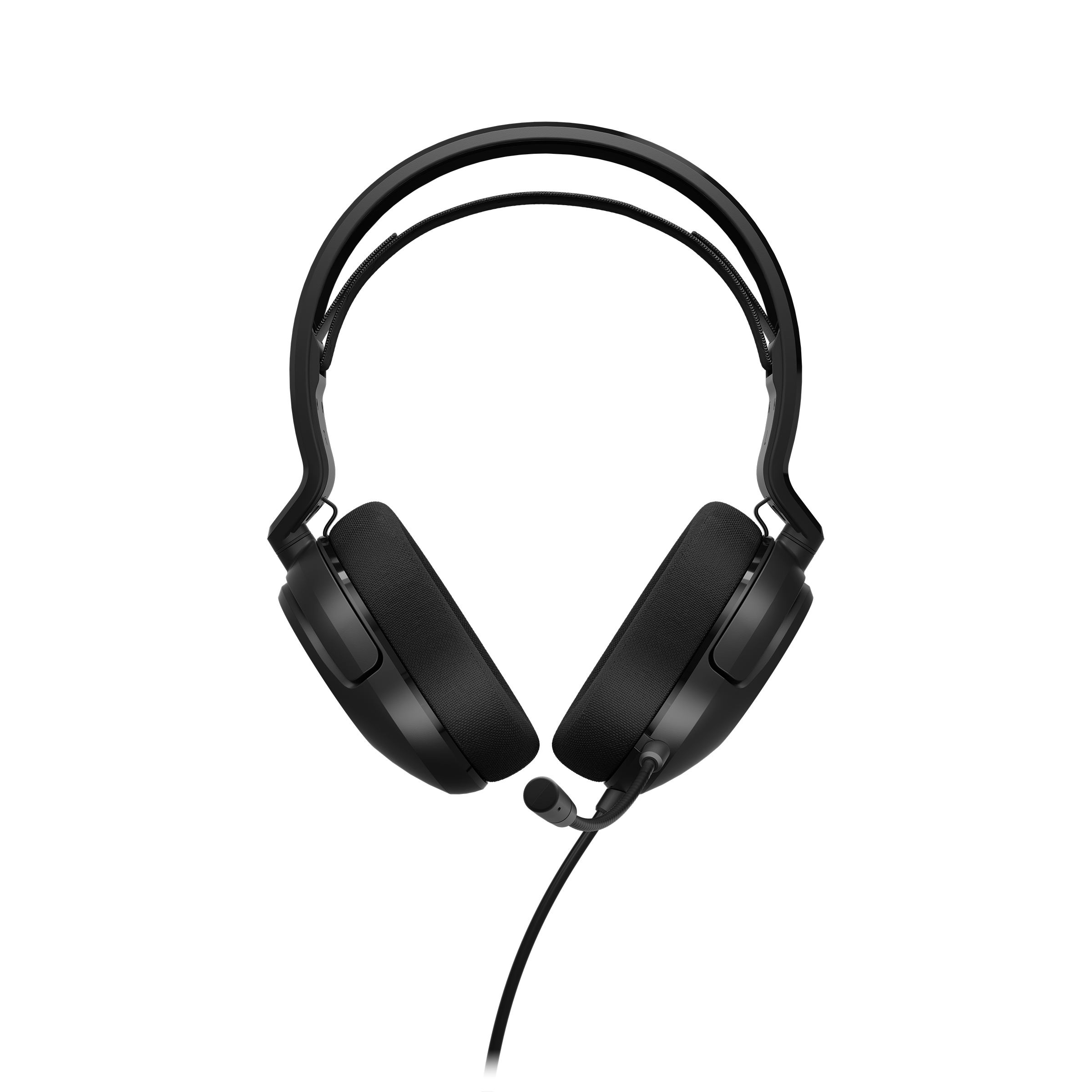 Auriculares negros con micrófono sobre fondo blanco. Los auriculares miran al espectador.