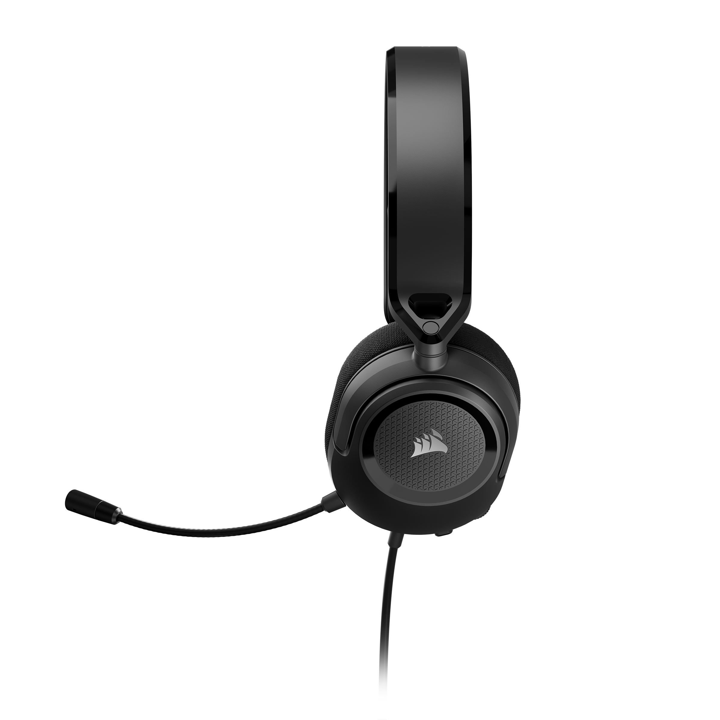 Auriculares gaming Corsair negros con micrófono, sobre un fondo negro.
