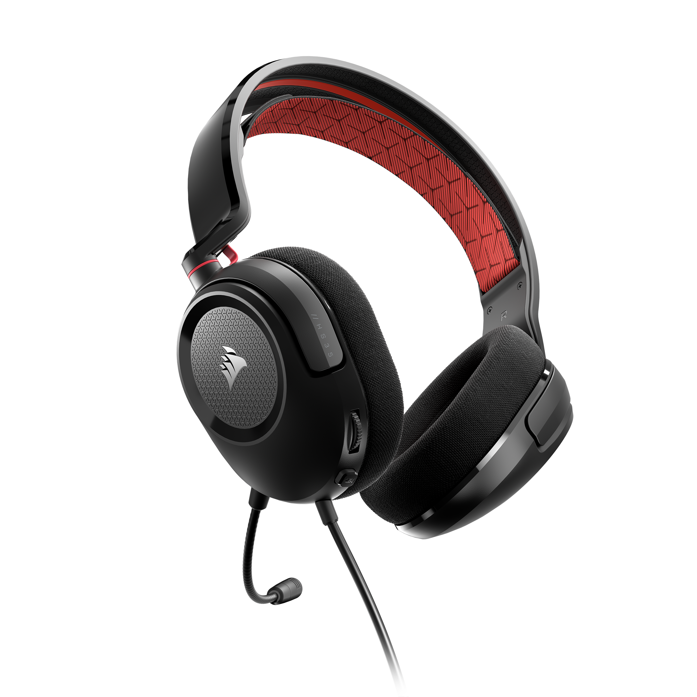 Auriculares Corsair gaming negros con detalles rojos, sobre fondo negro.