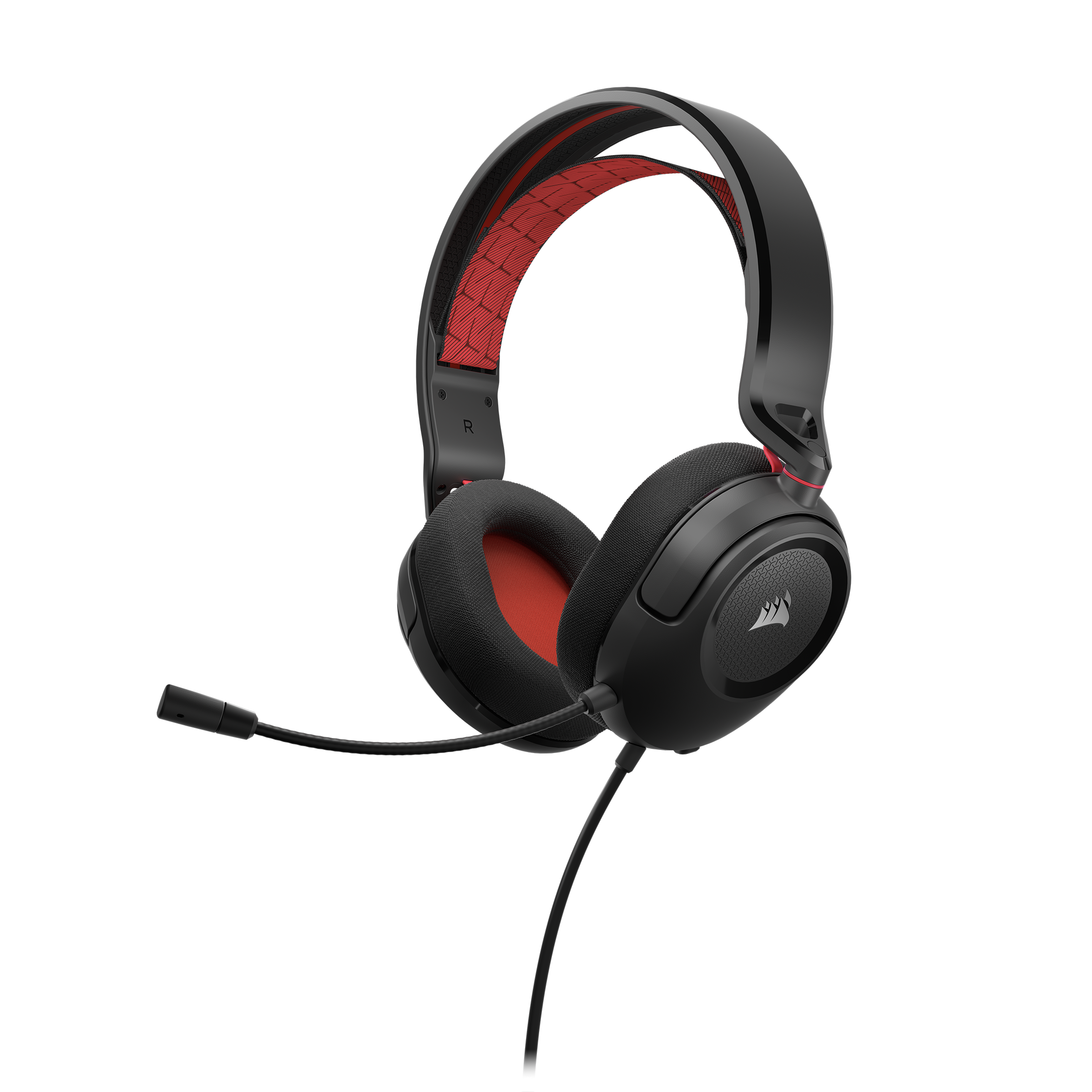 Auriculares para juegos negros y rojos con micrófono flexible. Los auriculares miran al espectador.