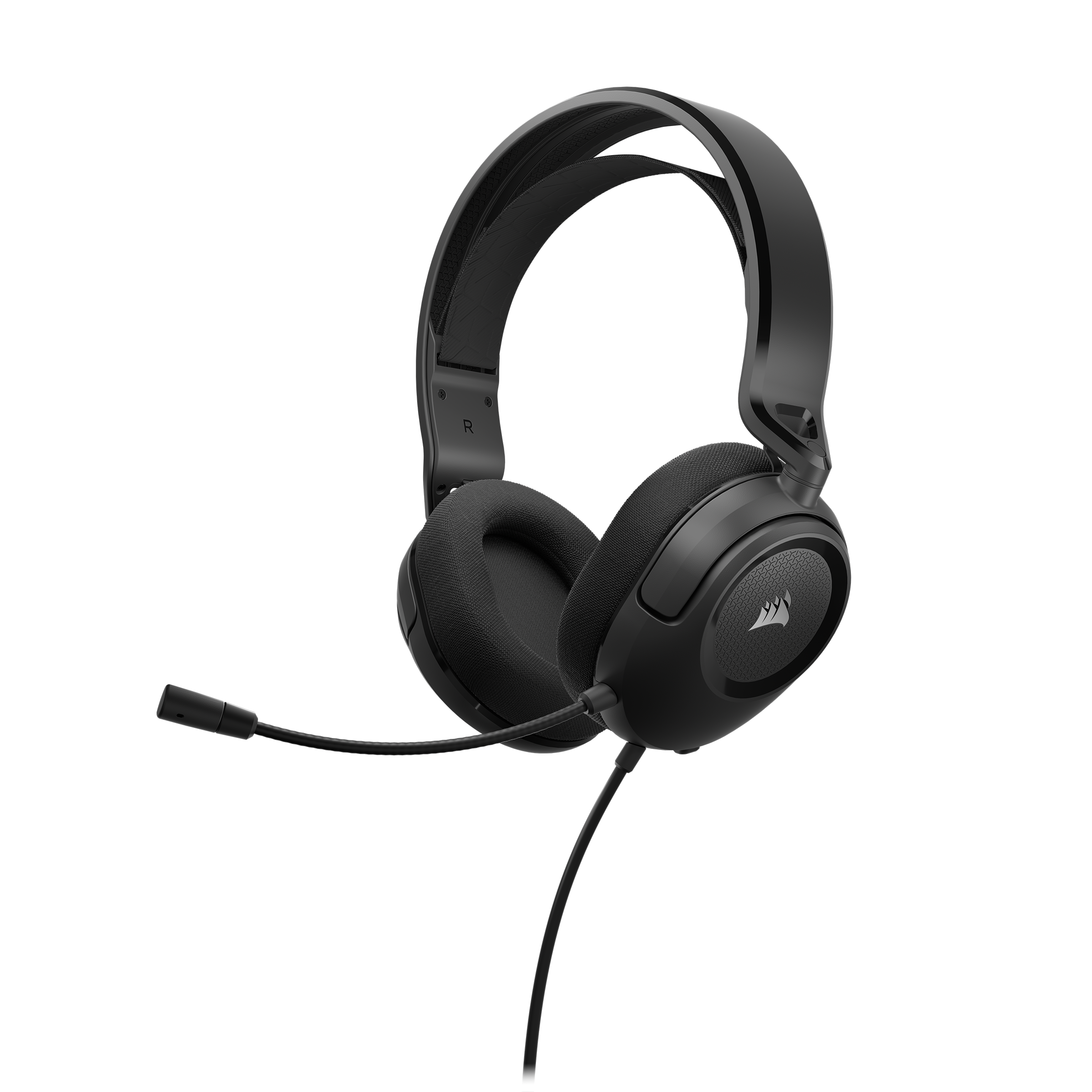 Auriculares Corsair negros con micrófono. Los auriculares están sobre fondo blanco.