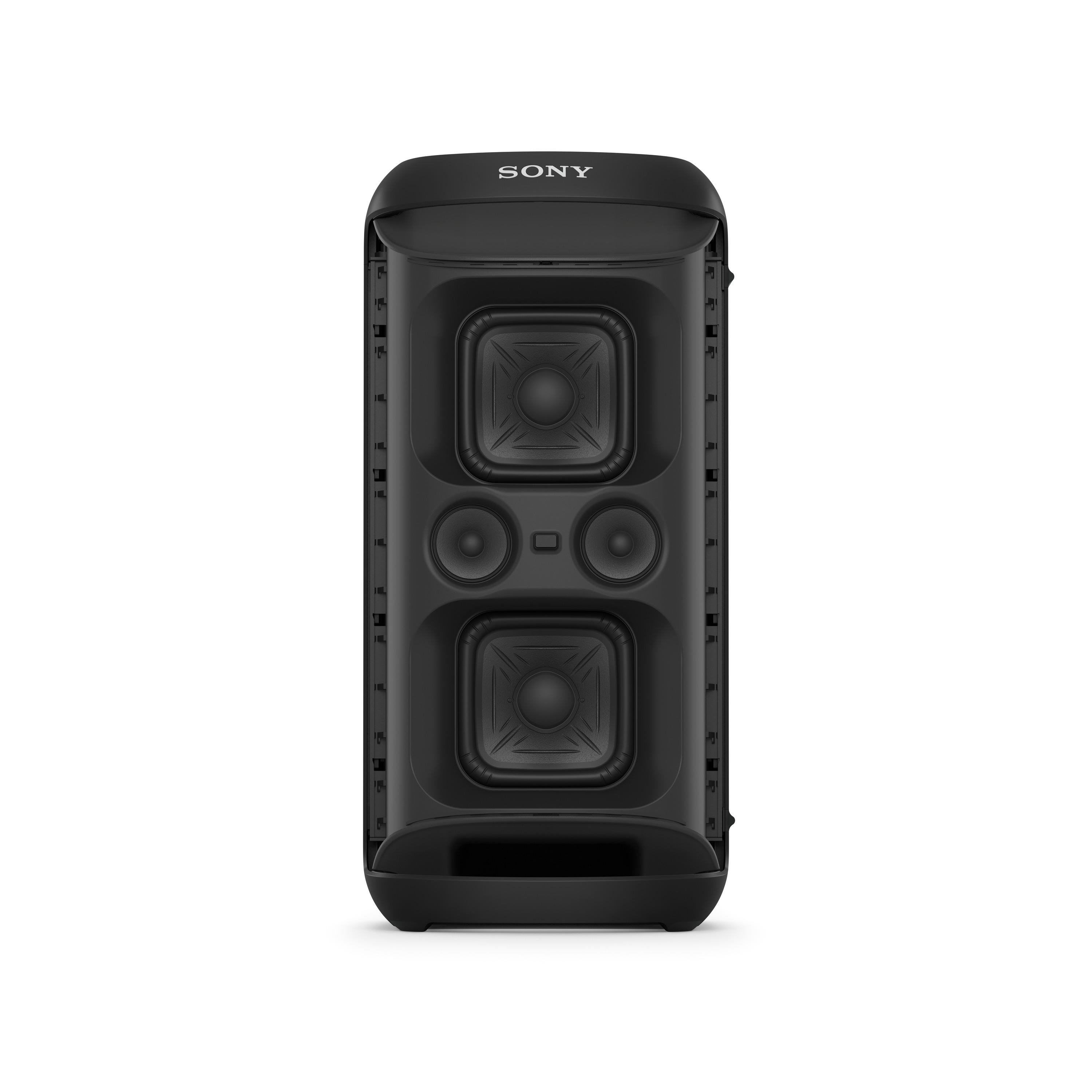 Ein schwarzer vertikaler Lautsprecher mit zwei größeren Lautsprechern und einem kleinen Lautsprecher auf weißem Grund.